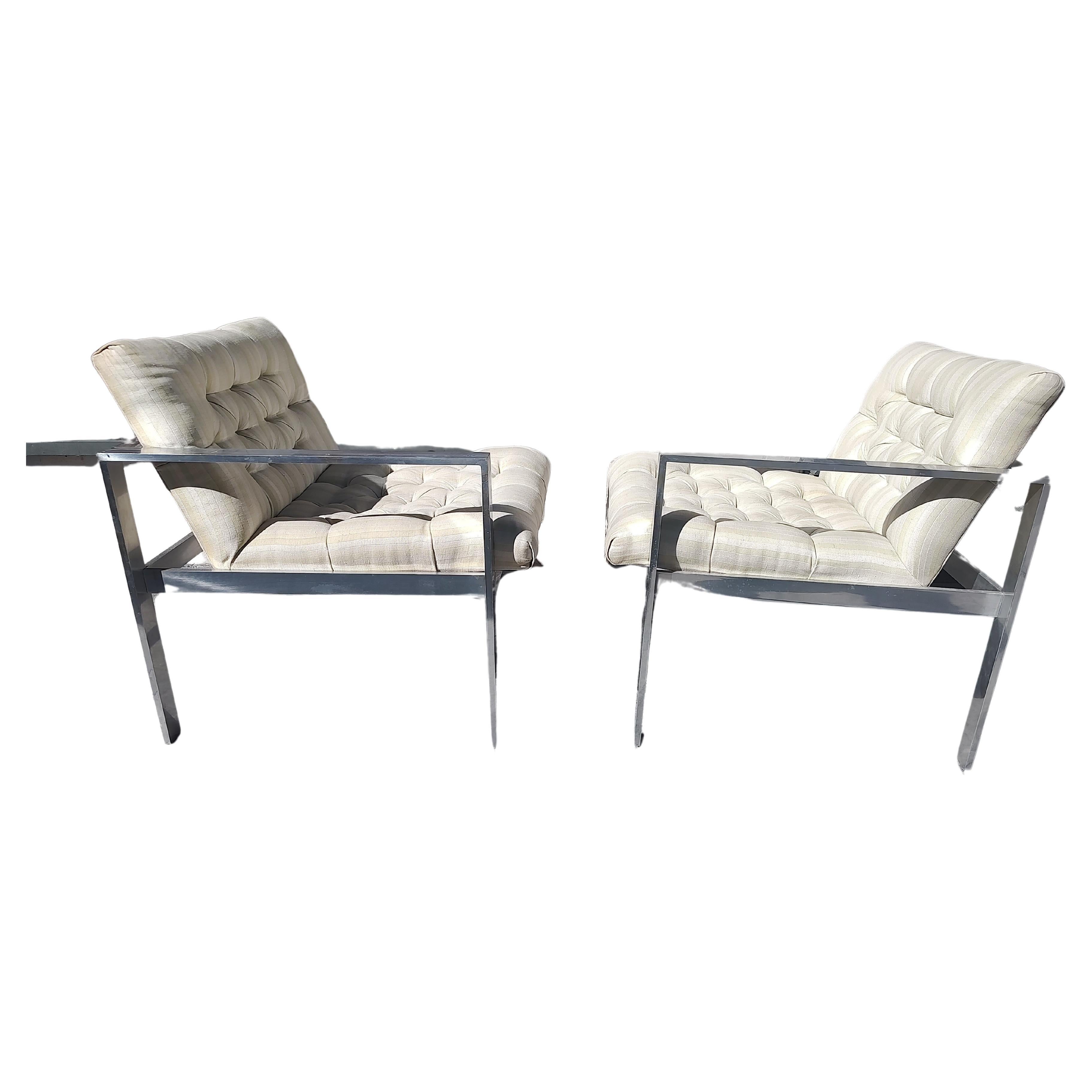 Hand-Crafted Pair of Mid-Century Modern Tufted Aluminum Lounge Chairs by Harvey Probber For Sale