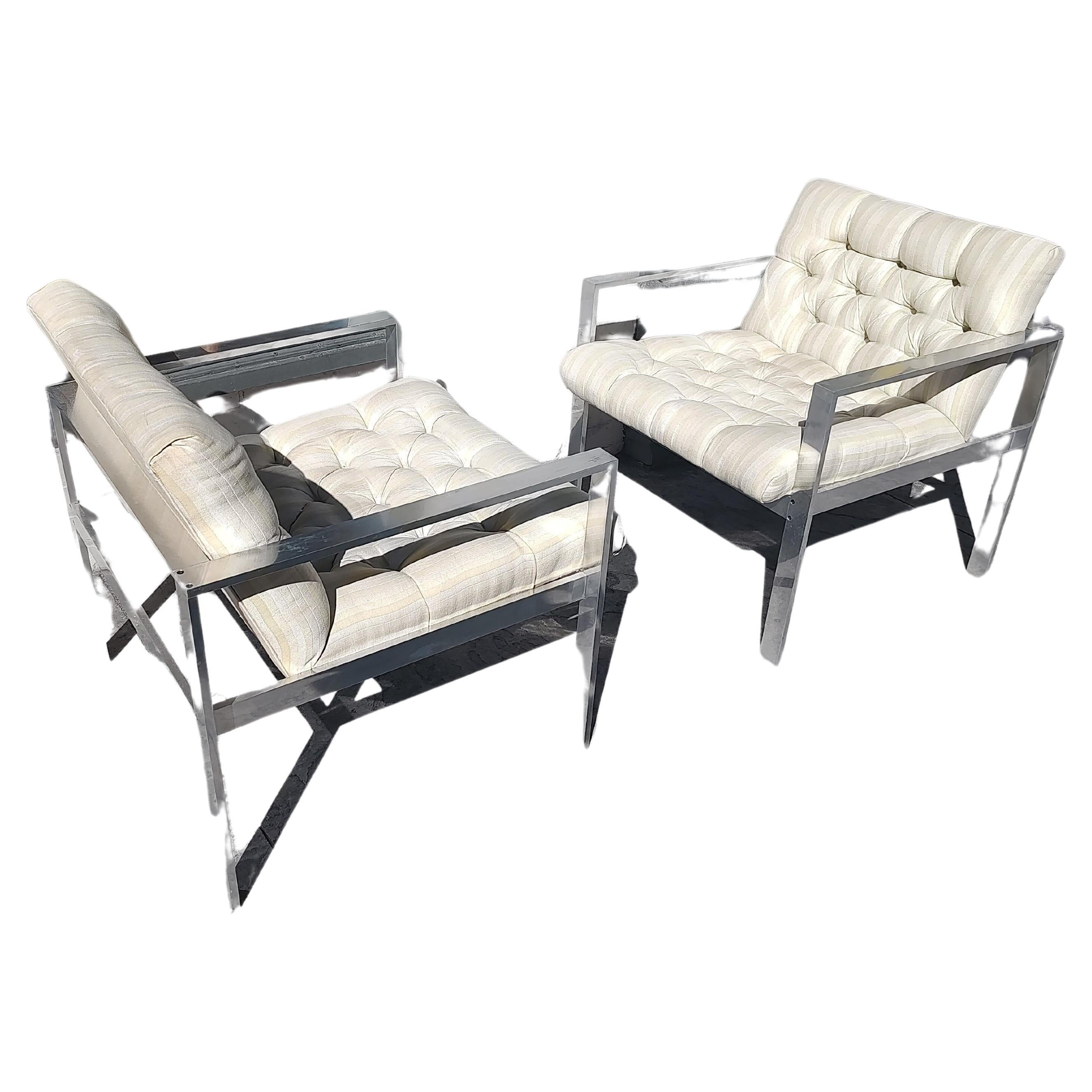 American Pair of Mid-Century Modern Tufted Aluminum Lounge Chairs by Harvey Probber For Sale
