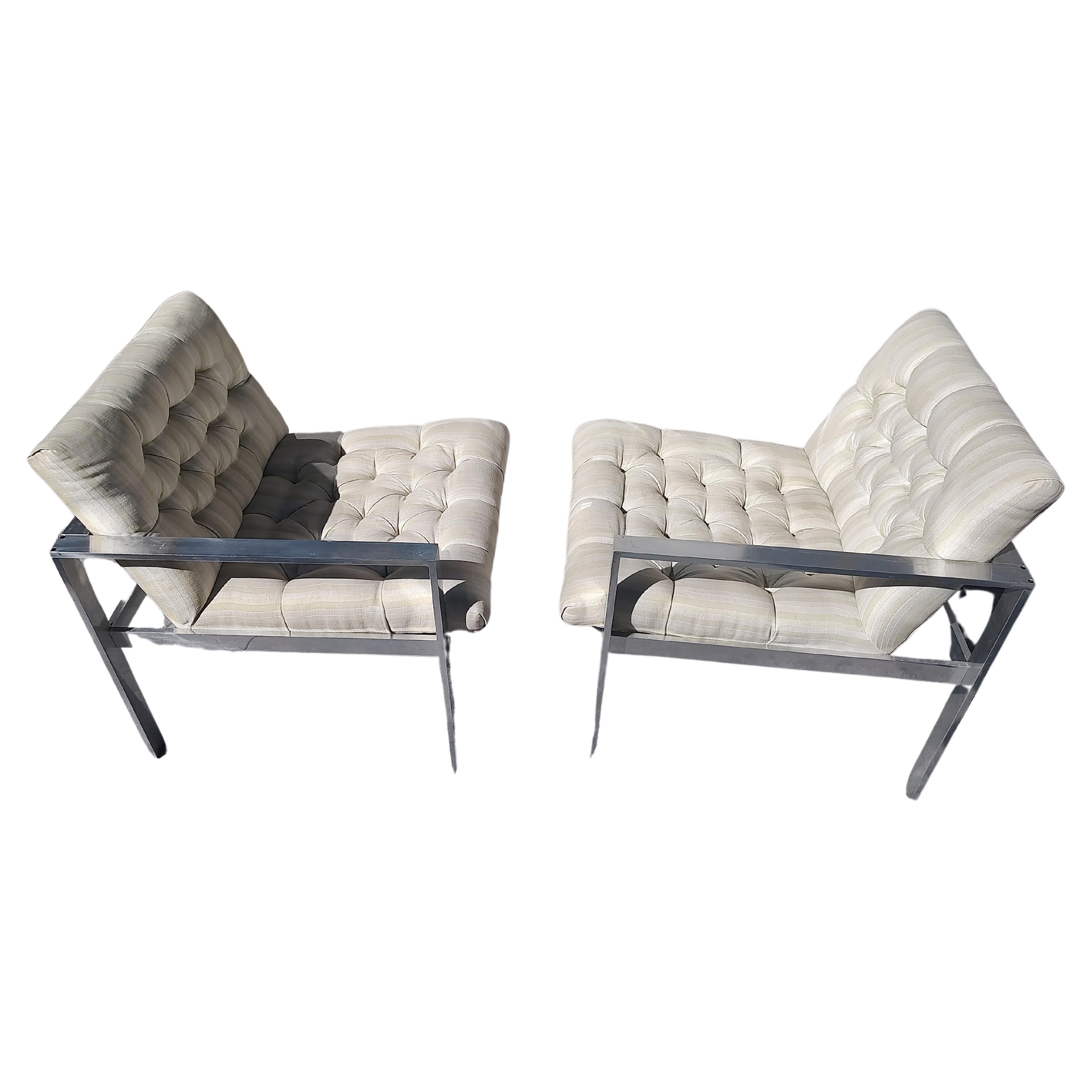 Pair of Mid-Century Modern Tufted Aluminum Lounge Chairs by Harvey Probber For Sale 1