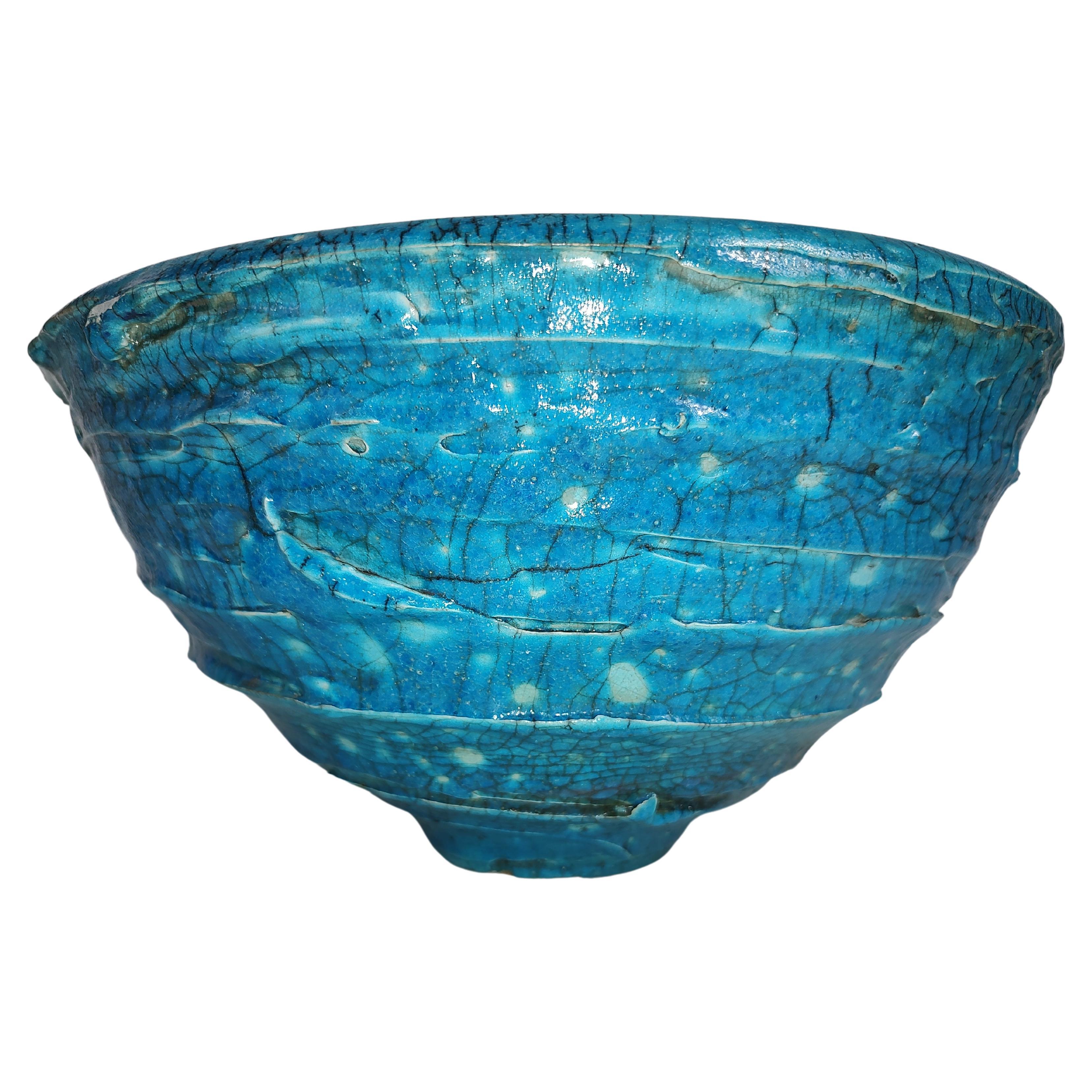 Mid-Century Modern Sculptural Large Art Pottery Bowl in Turquoise Blue For Sale