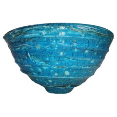 Retro Mid-Century Modern Sculptural Large Art Pottery Bowl in Turquoise Blue