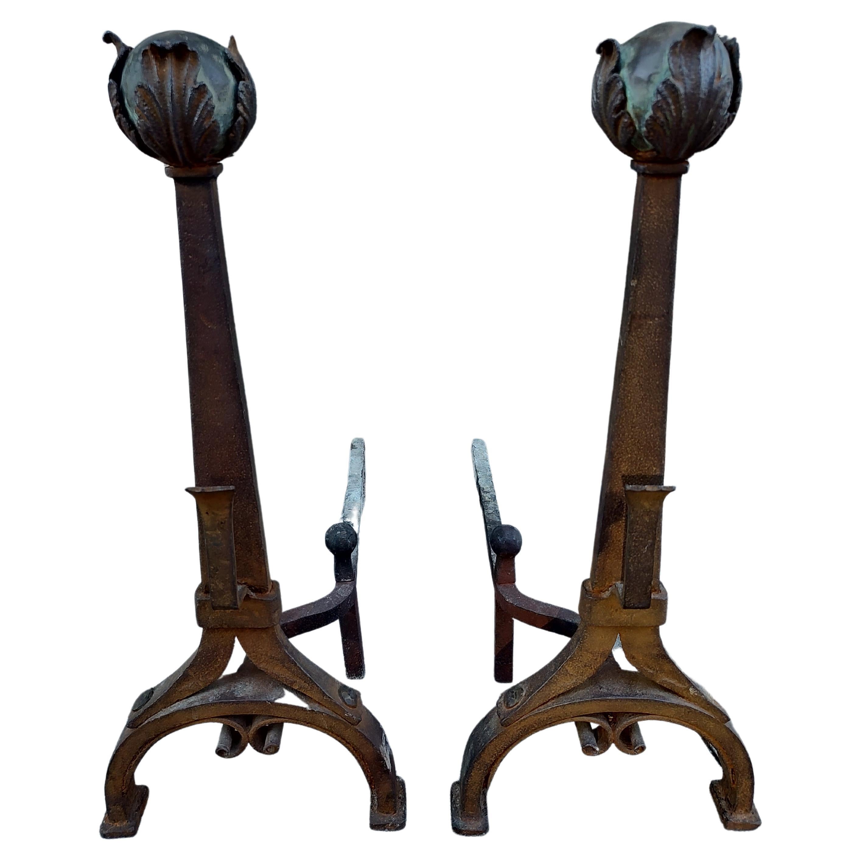 Arts & Crafts Hammered Iron with Brass Ball Finials, C1910 For Sale