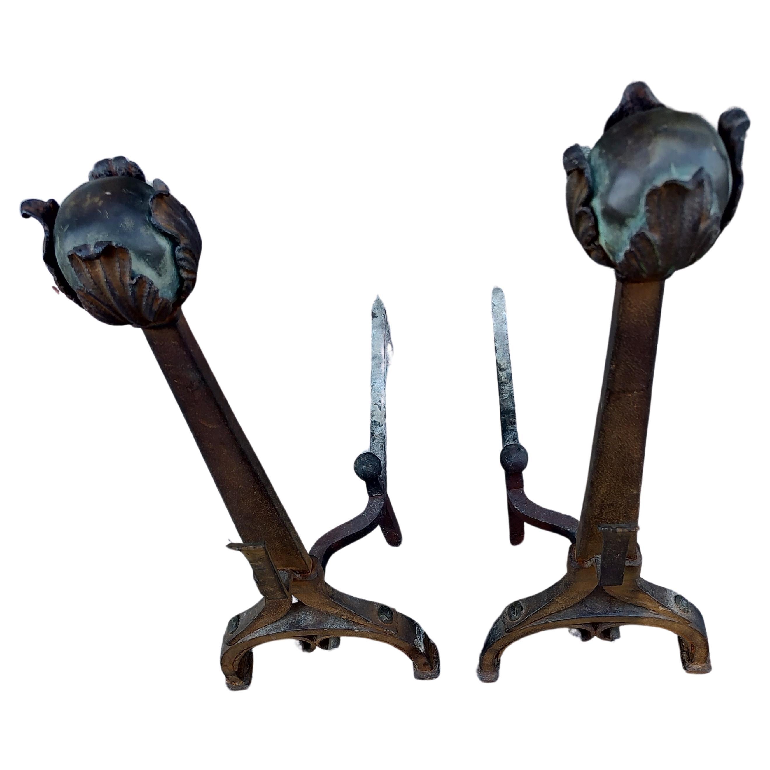 Arts & Crafts Hammered Iron with Brass Ball Finials, C1910 In Good Condition For Sale In Port Jervis, NY