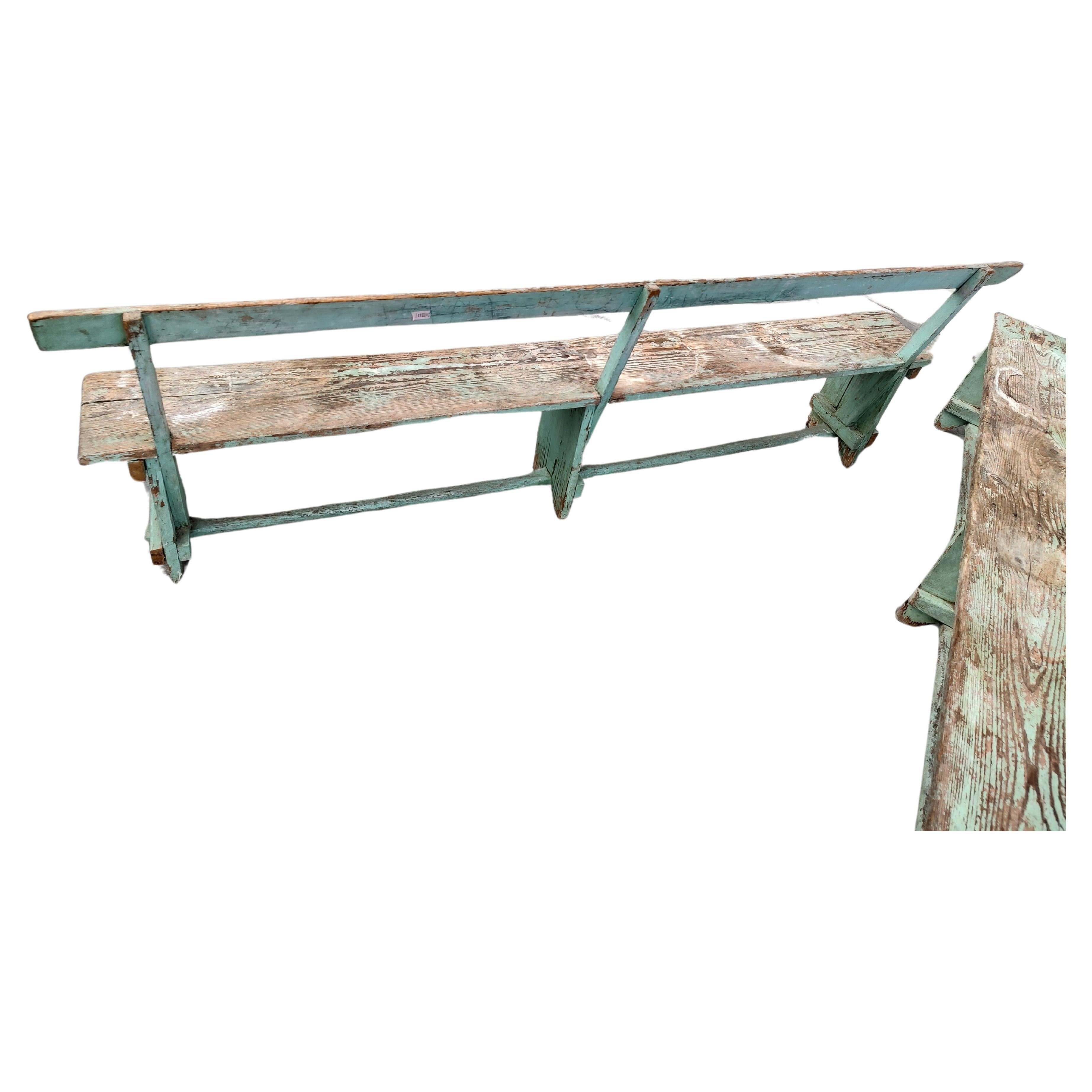 Early 20th Century Pair of Primitive Green Painted Benches with Backs For Sale
