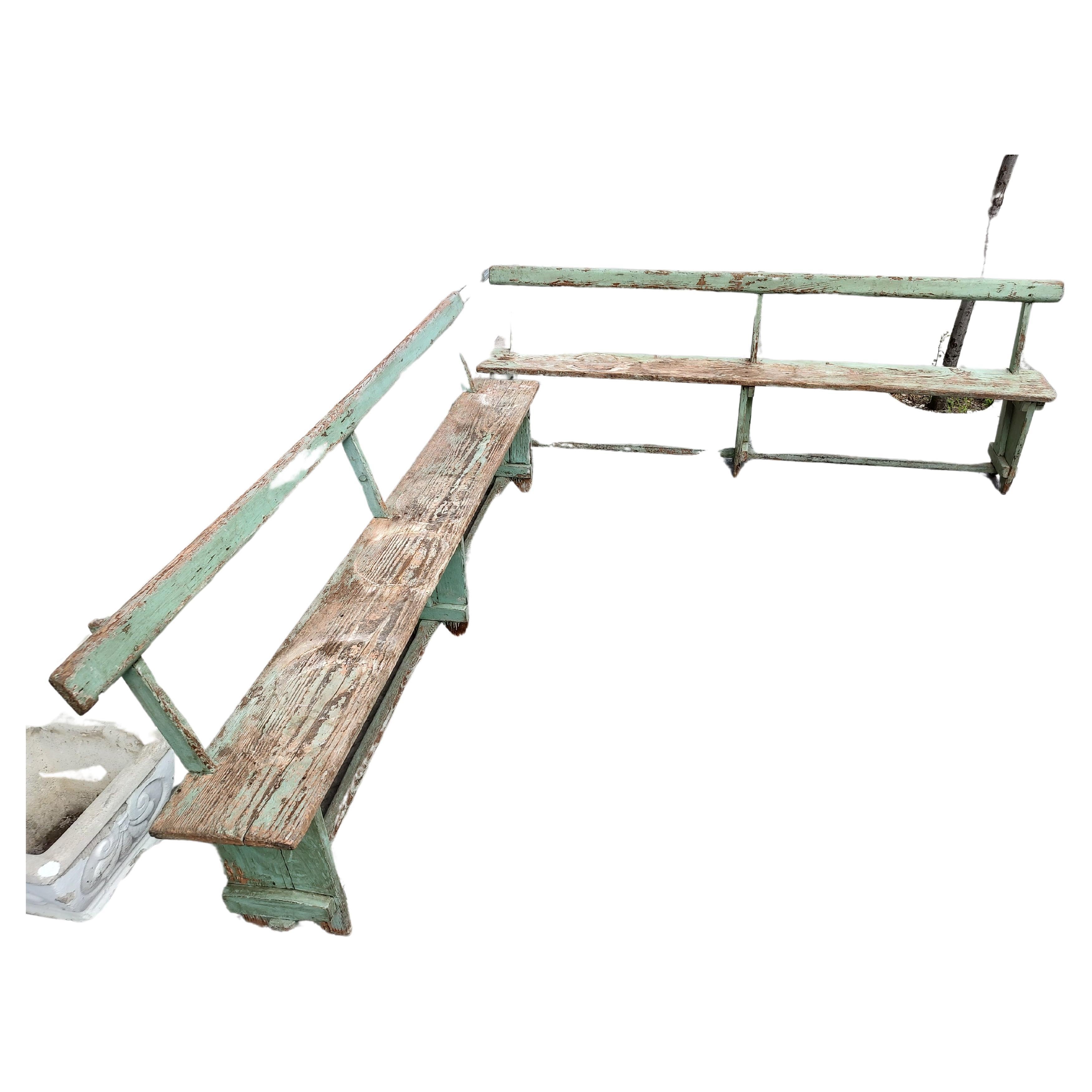 Pair of Primitive Green Painted Benches with Backs In Good Condition For Sale In Port Jervis, NY