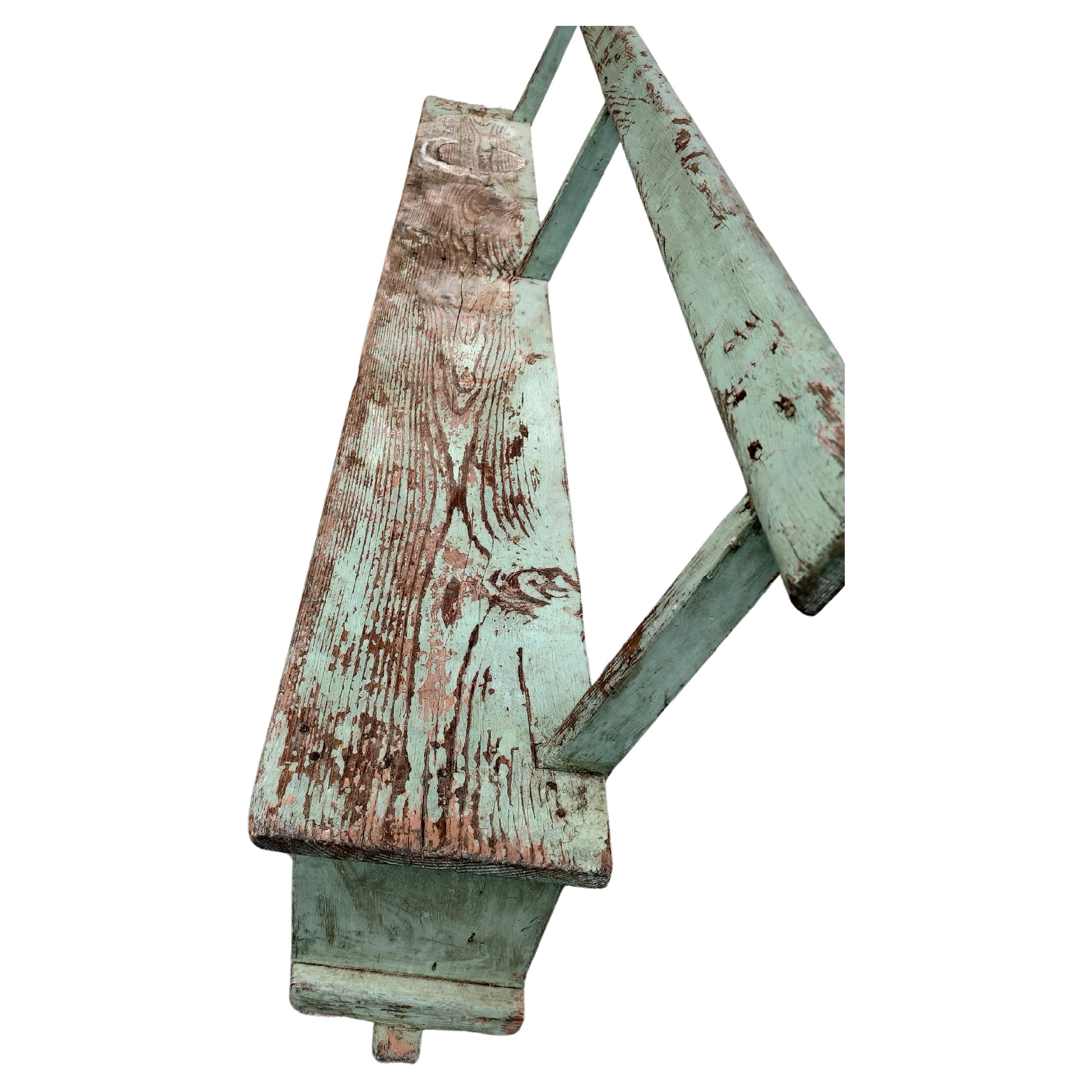 Hand-Crafted Pair of Primitive Green Painted Benches with Backs For Sale