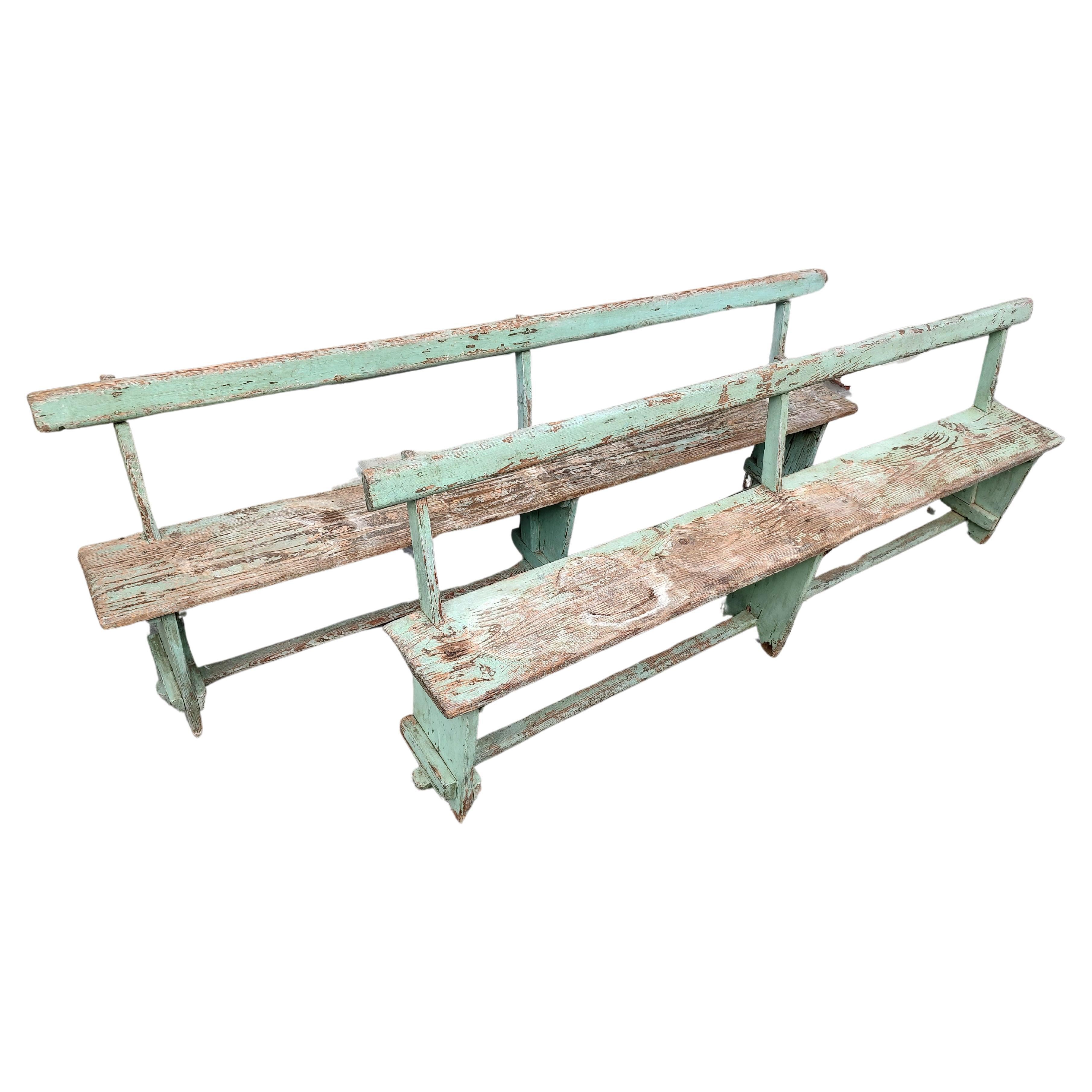 Pair of Primitive Green Painted Benches with Backs For Sale