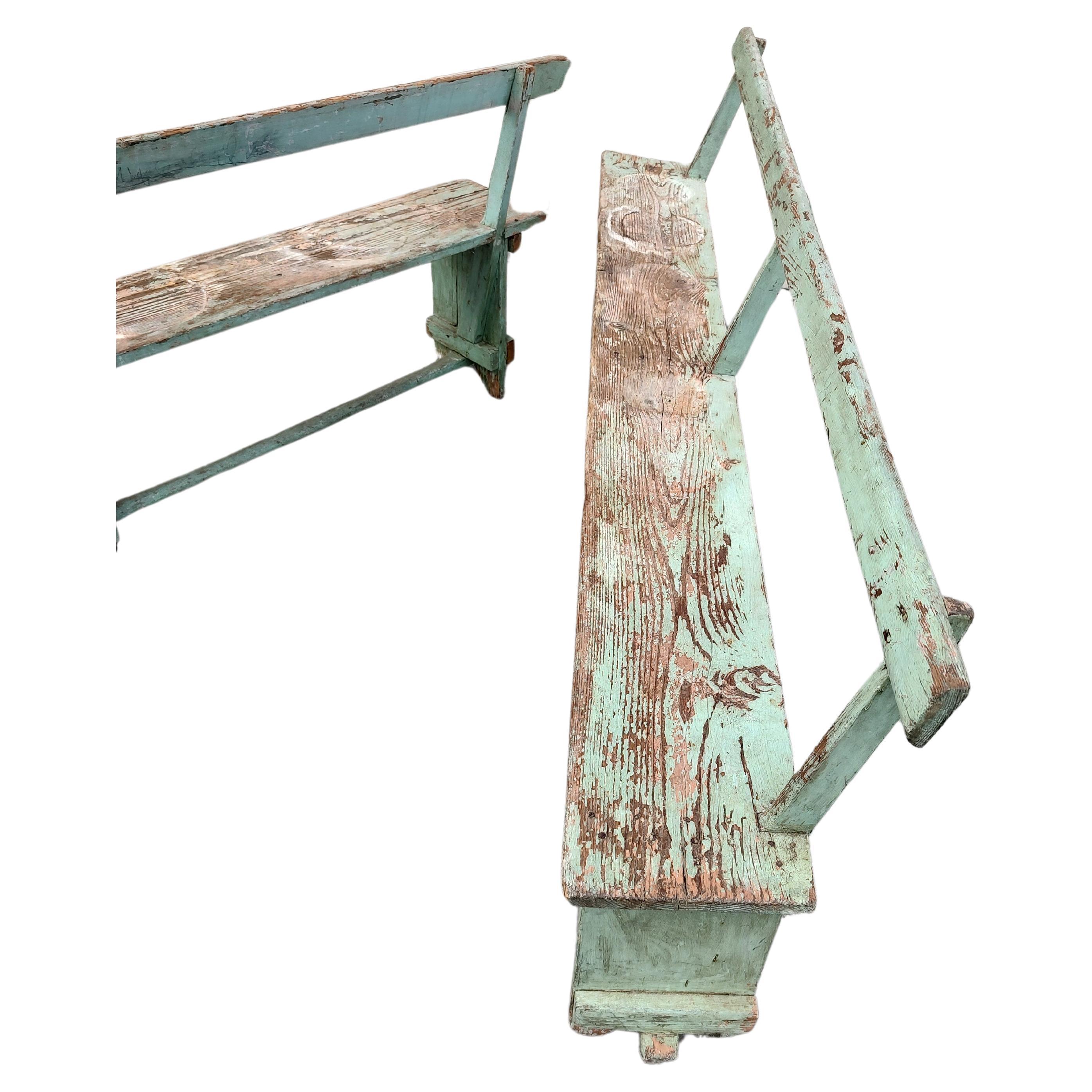 Adirondack Pair of Primitive Green Painted Benches with Backs For Sale