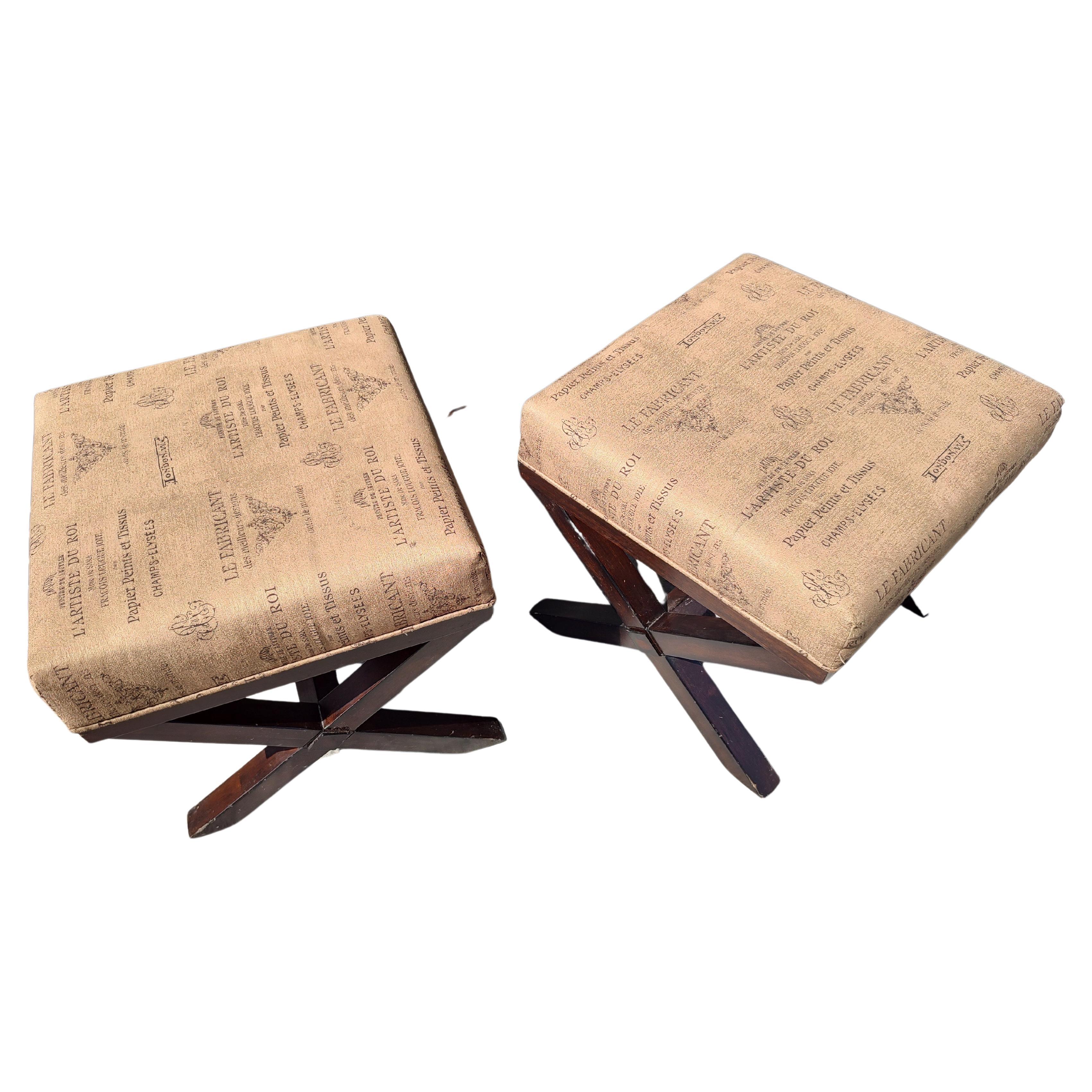 Hand-Crafted Pair of Mid Century X Stretcher Ottomans or Footstools For Sale