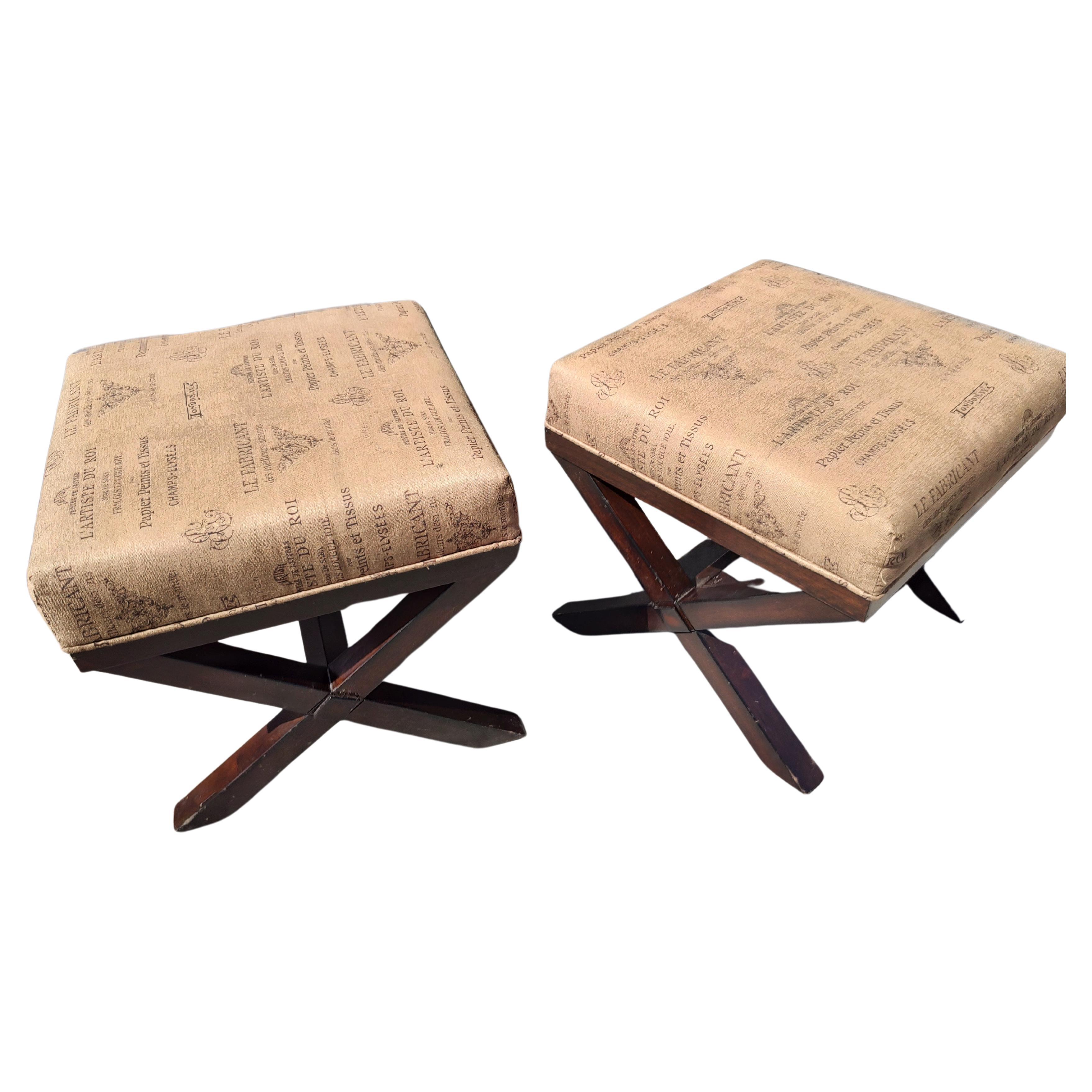 Pair of Mid Century X Stretcher Ottomans or Footstools For Sale