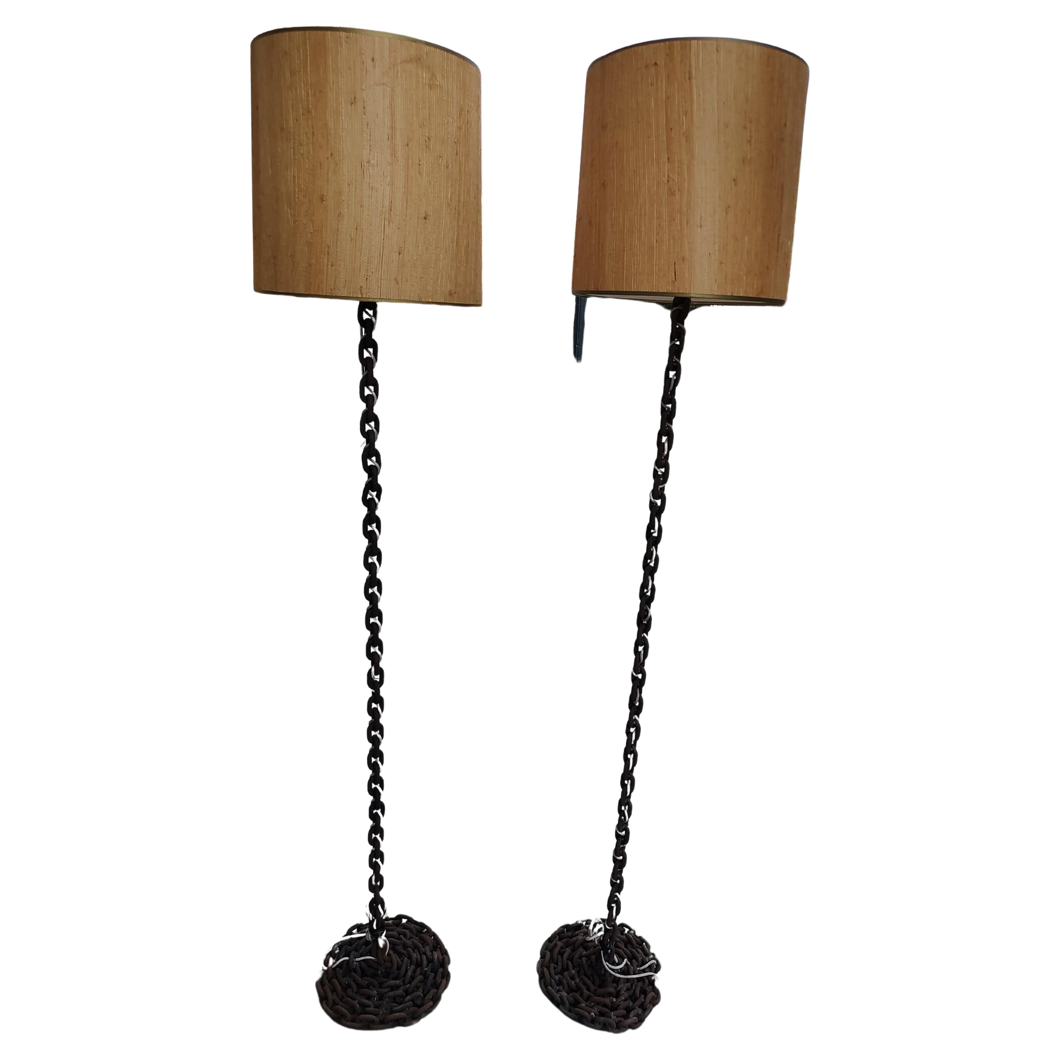 Pair of Mid-Century Modern Sculptural Brutalist Chain Rope Floor Lamps In Good Condition For Sale In Port Jervis, NY