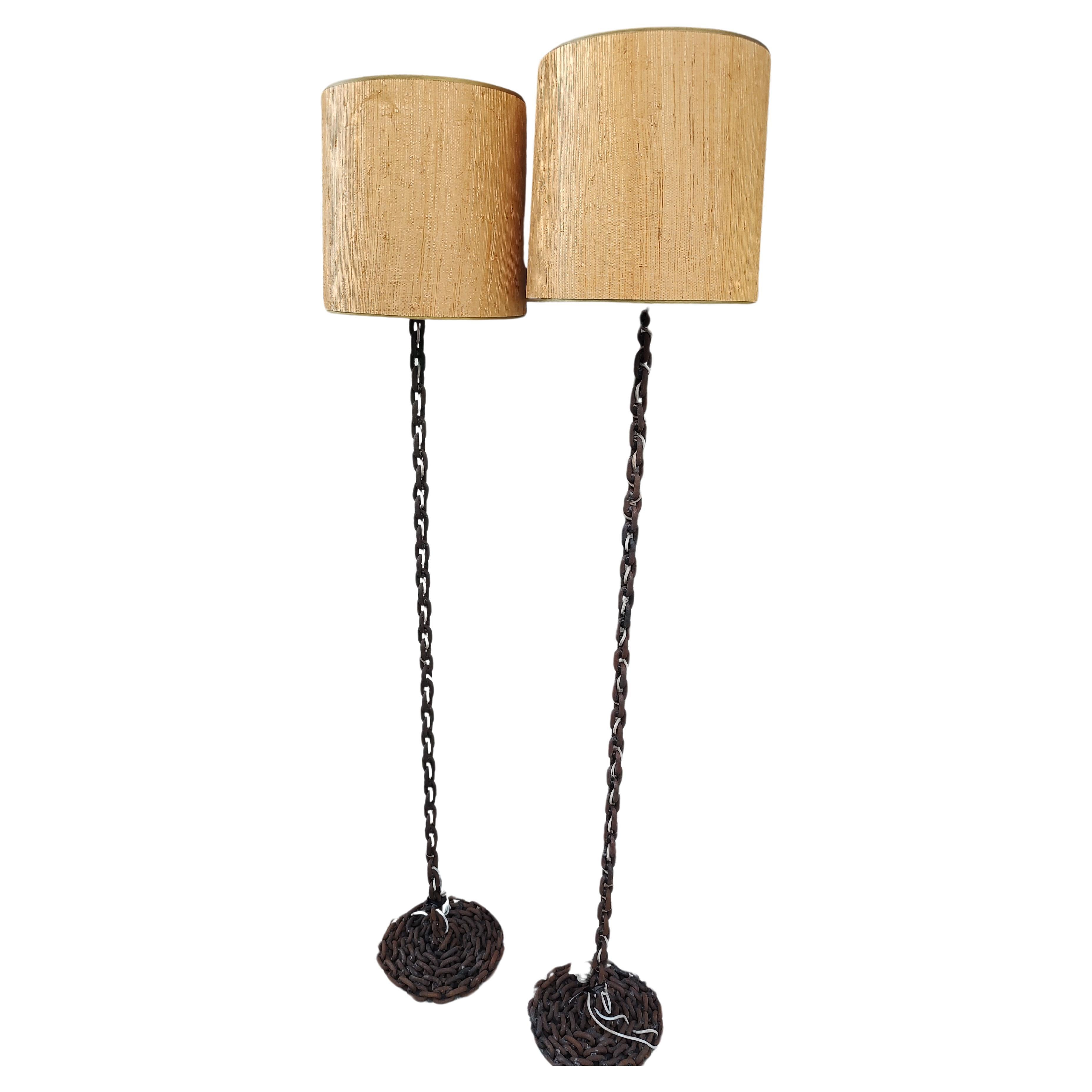 Pair of Mid-Century Modern Sculptural Brutalist Chain Rope Floor Lamps For Sale