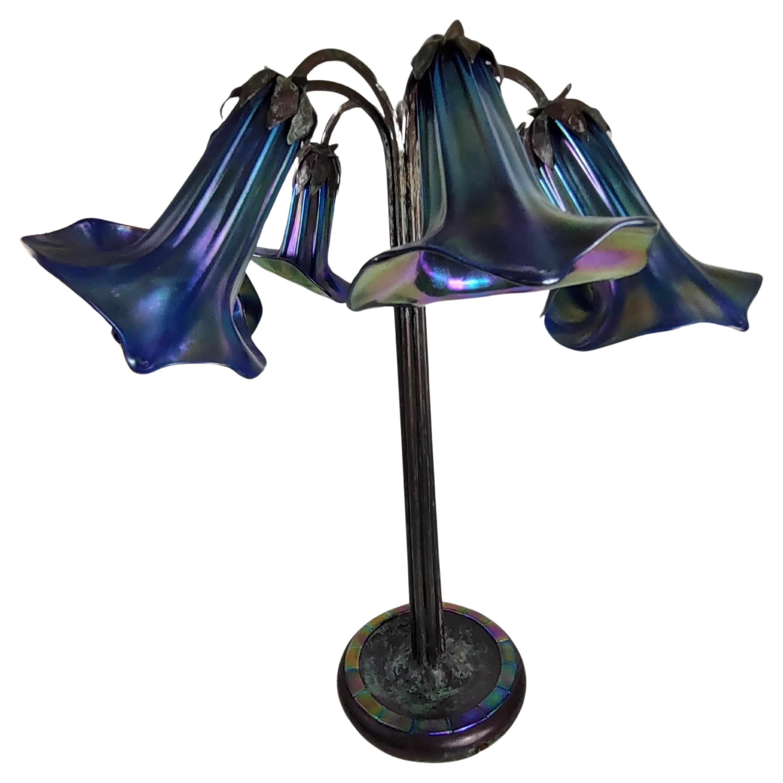 Mid-20th Century Tiffany Style Seven Light Lily Lamp  Favrille Glass Base Signed Tiffany Studios For Sale