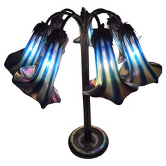 Vintage Tiffany Style Seven Light Lily Lamp  Favrille Glass Base Signed Tiffany Studios
