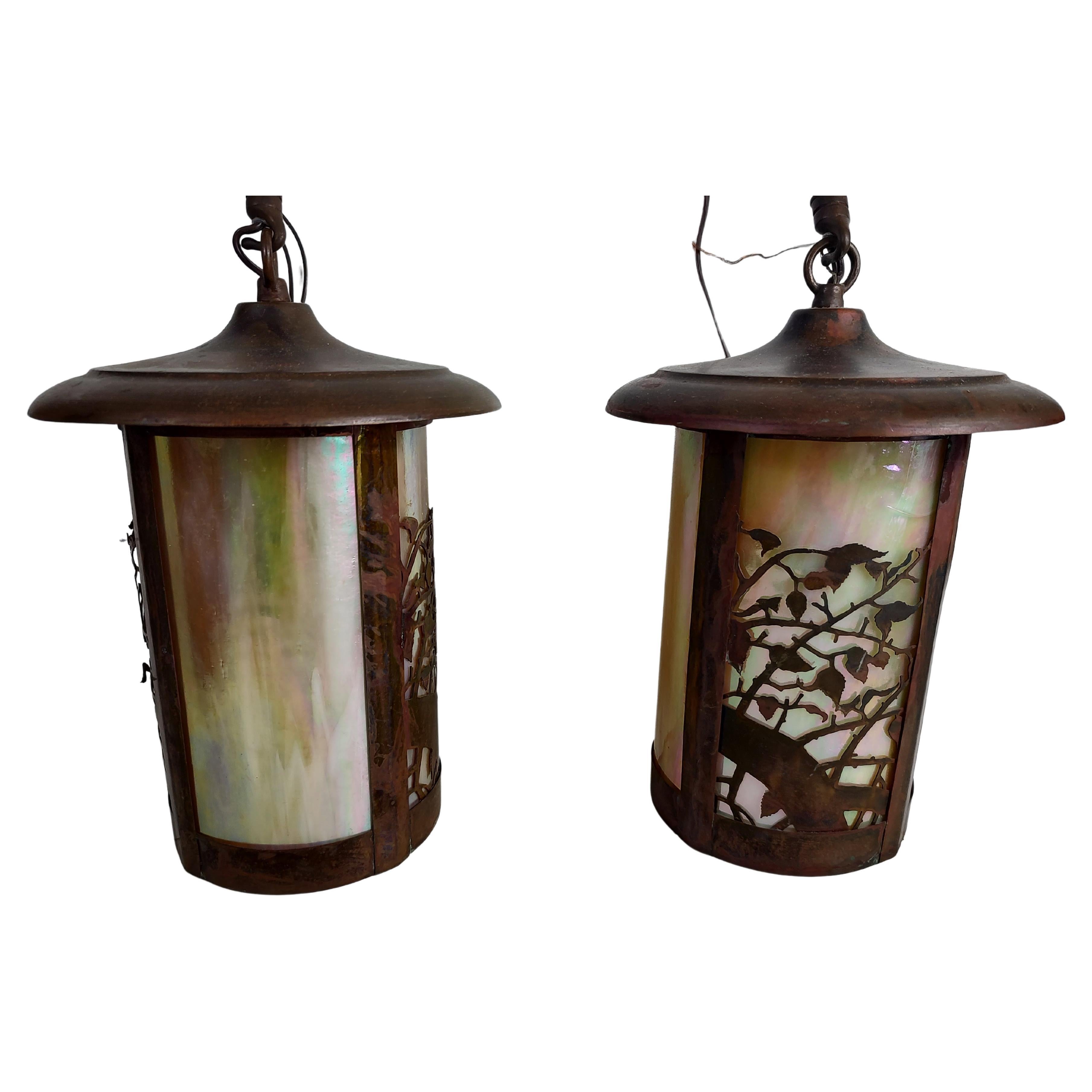Fabulous craftsman style pendant lighting. All copper with curved slag glass Shades. In excellent vintage condition with minimal wear, just the right amount of patina. Lamp itself is 10 hgt with original downrod it's 30 inch. 4 available, priced and