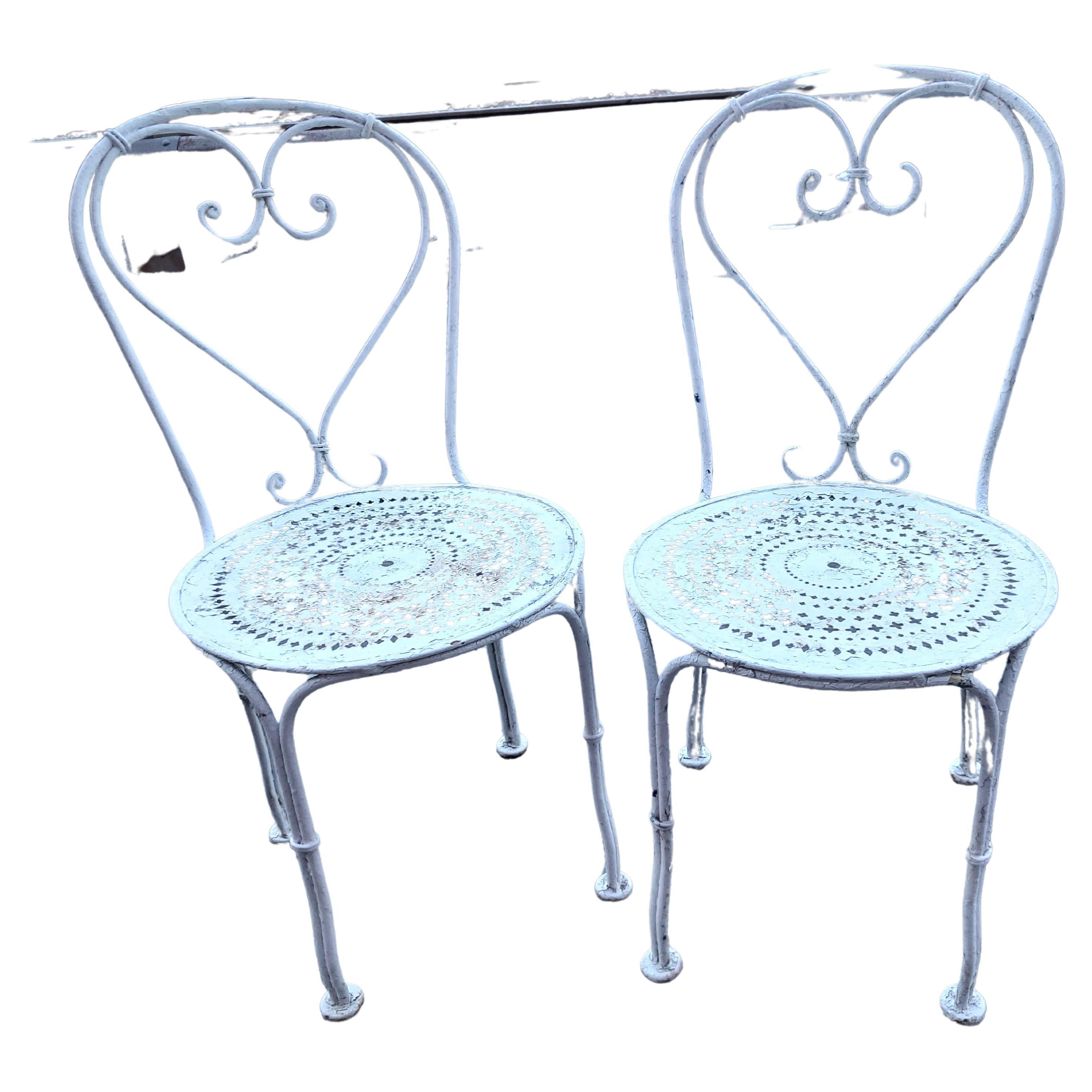 Art Nouveau Pair of Mid 20thC French Iron Pierced Seats & Hearts Garden Bistro Dining Chairs For Sale