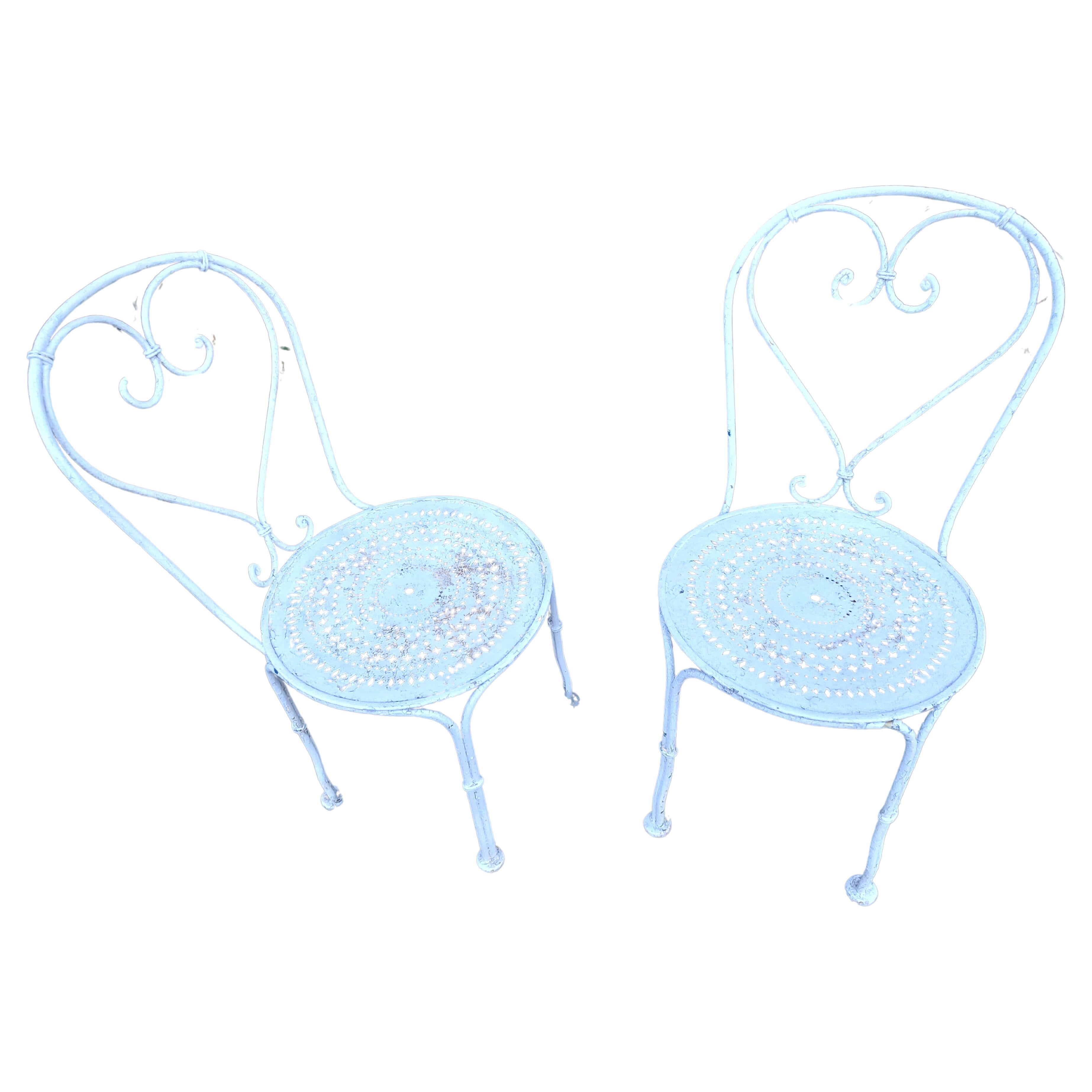 Mid-20th Century Pair of Mid 20thC French Iron Pierced Seats & Hearts Garden Bistro Dining Chairs For Sale