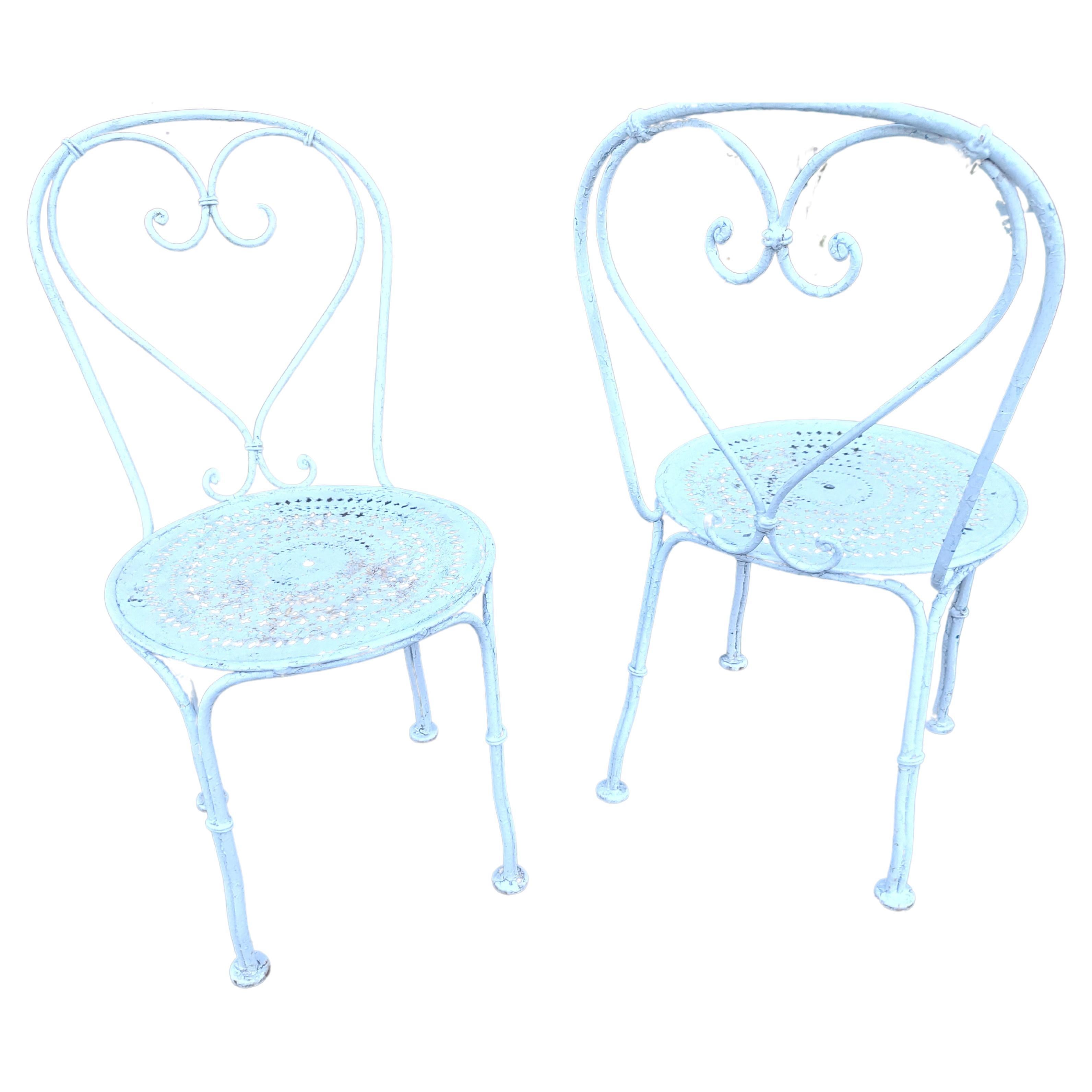 Hand-Crafted Pair of Mid 20thC French Iron Pierced Seats & Hearts Garden Bistro Dining Chairs For Sale