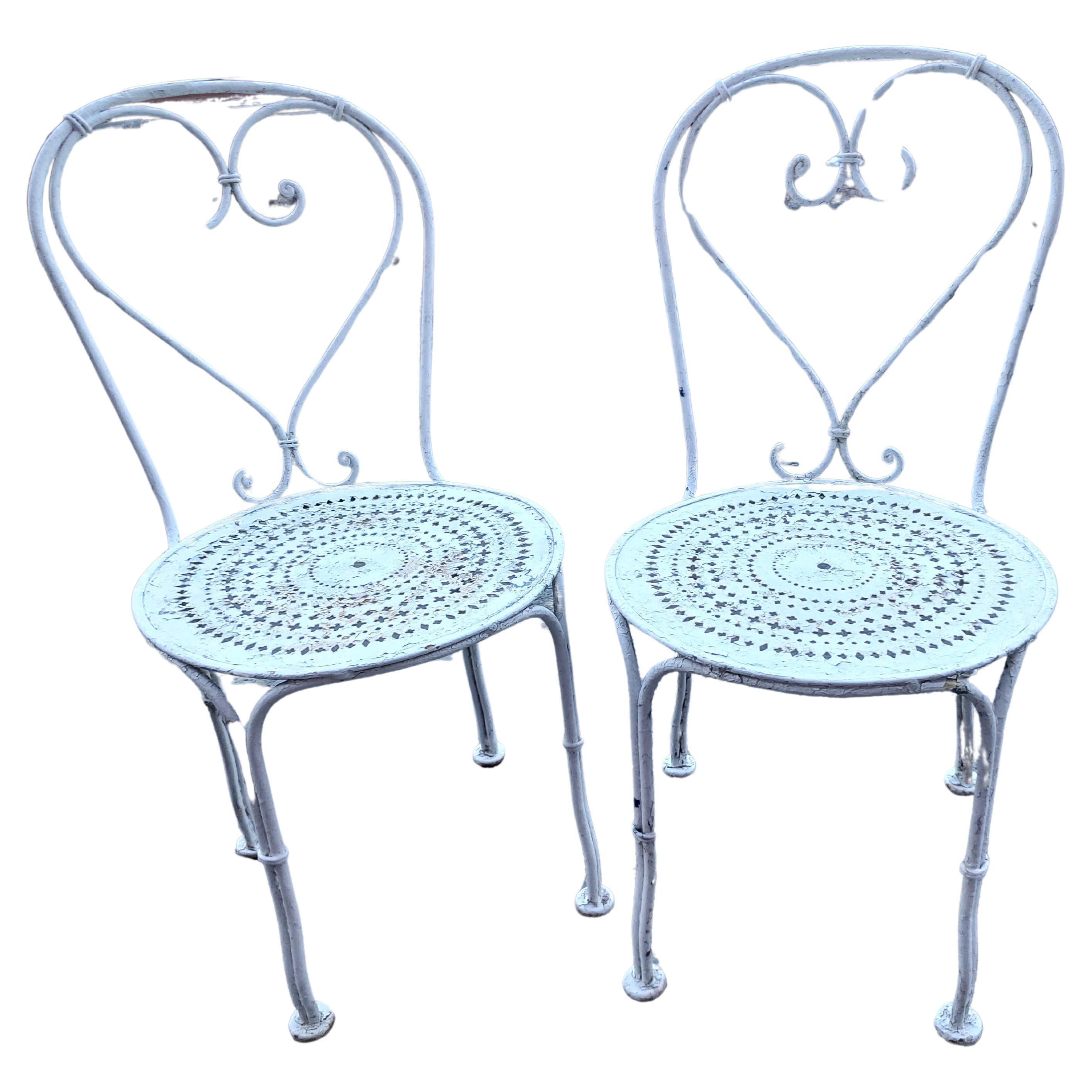 Pair of Mid 20thC French Iron Pierced Seats & Hearts Garden Bistro Dining Chairs For Sale