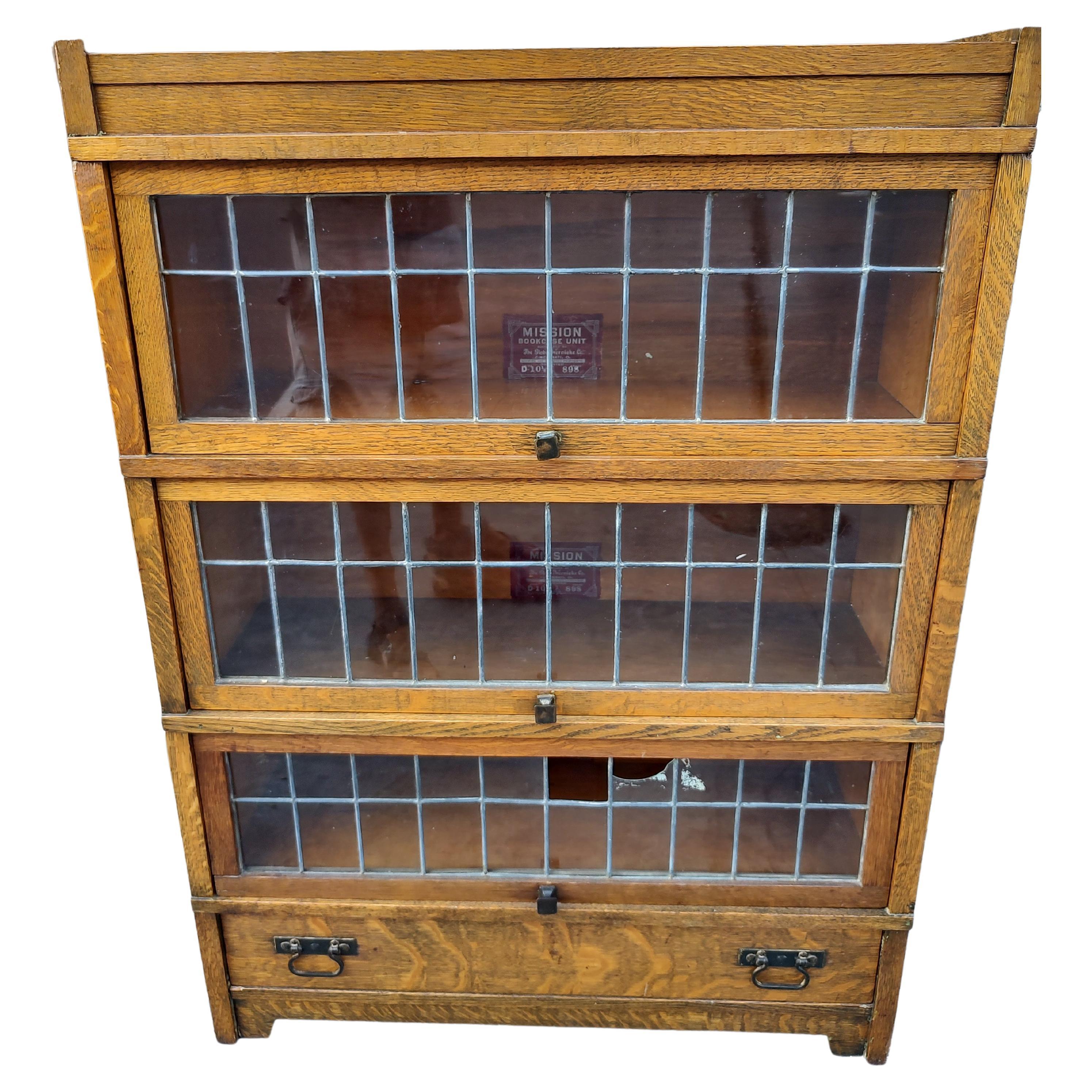 Mission Art's & Crafts 5 Section Leaded Door Bookcase by Globe Wernicke For Sale