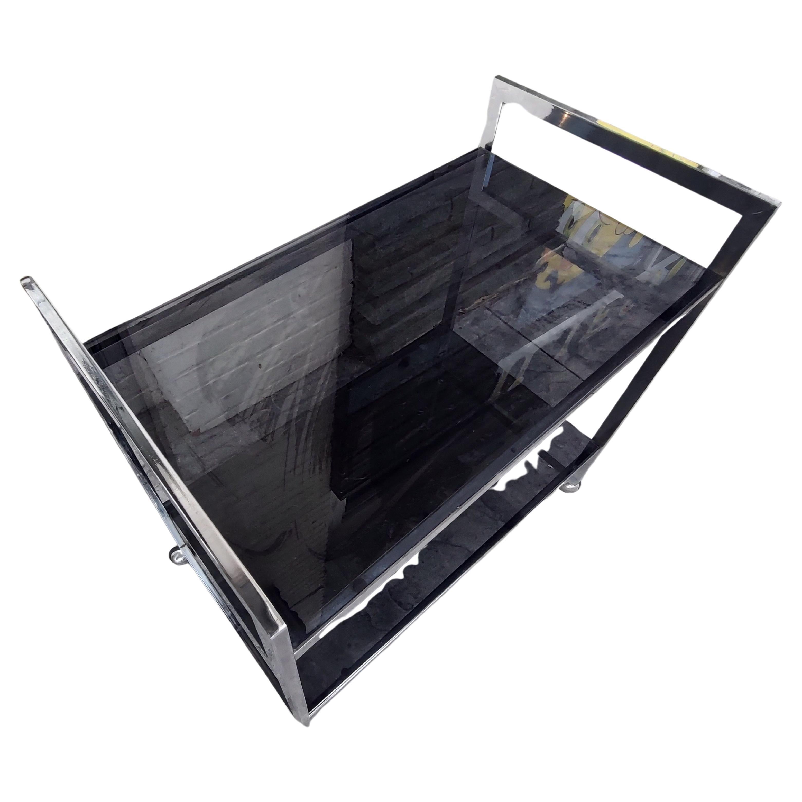 Smoked Glass Mid-Century Modern Square Chrome with Black Glass Bar Cart, C1970 For Sale