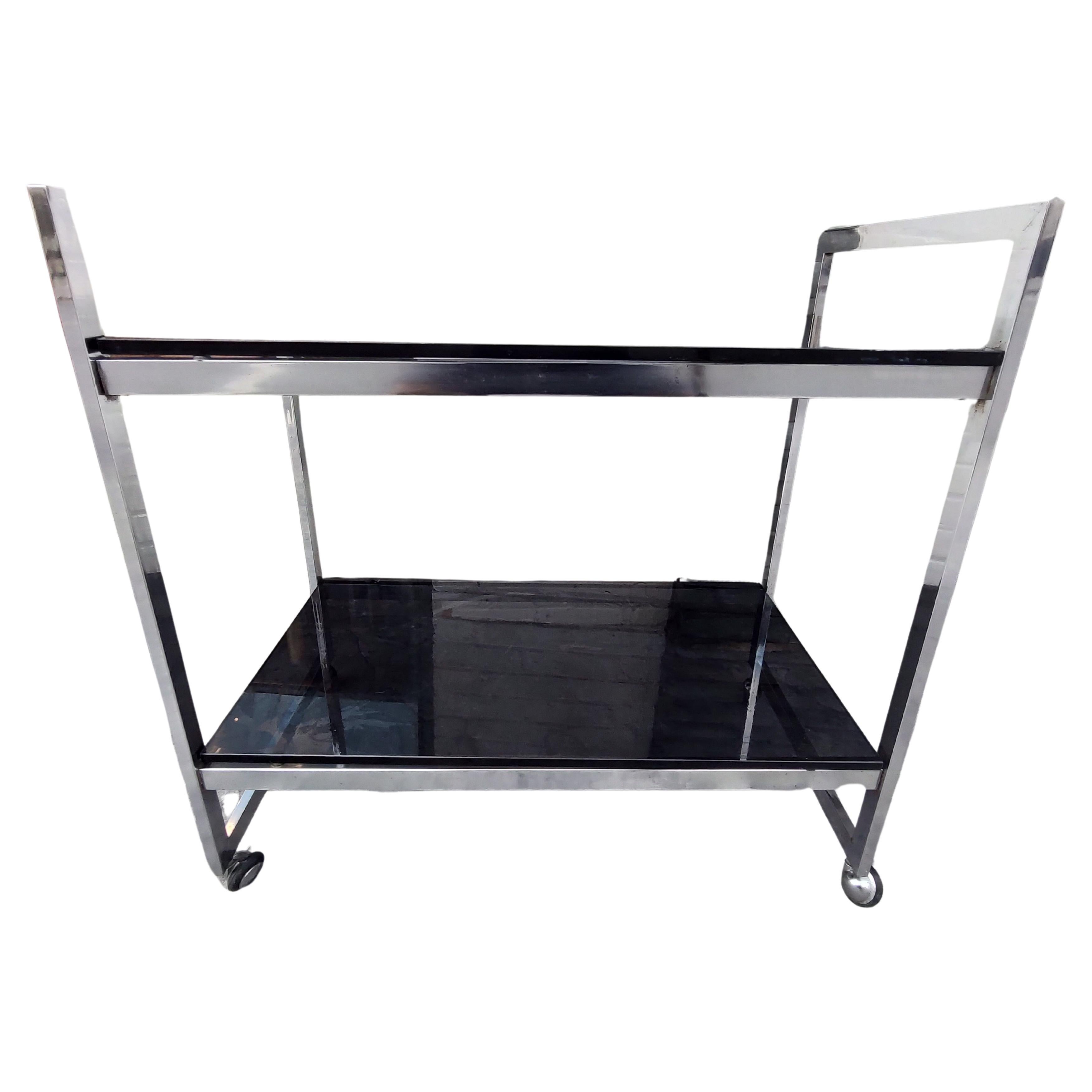Plated Mid-Century Modern Square Chrome with Black Glass Bar Cart, C1970 For Sale