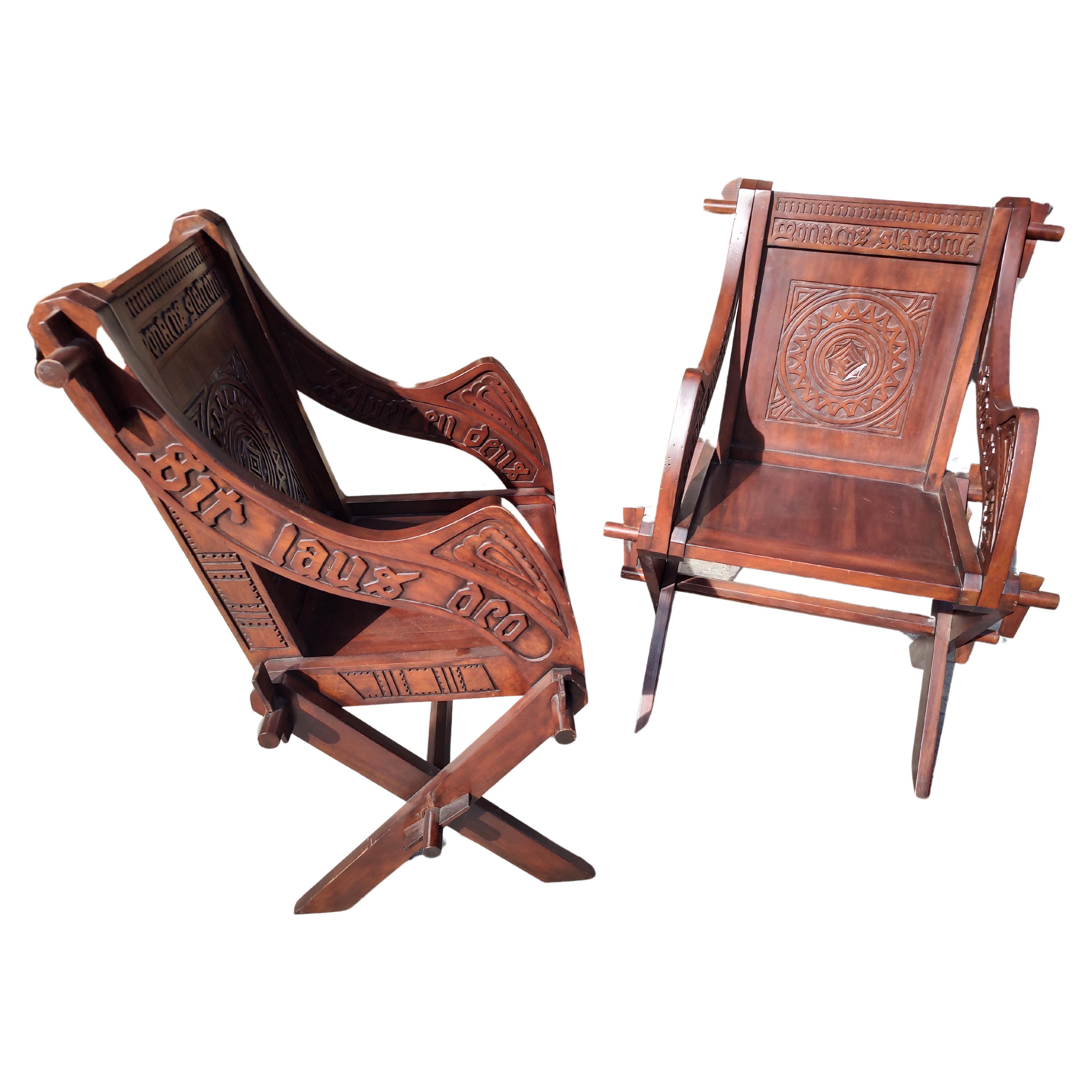Pair of Arts & Crafts Mahogany Highly Carved Glastonbury Chairs For Sale 3