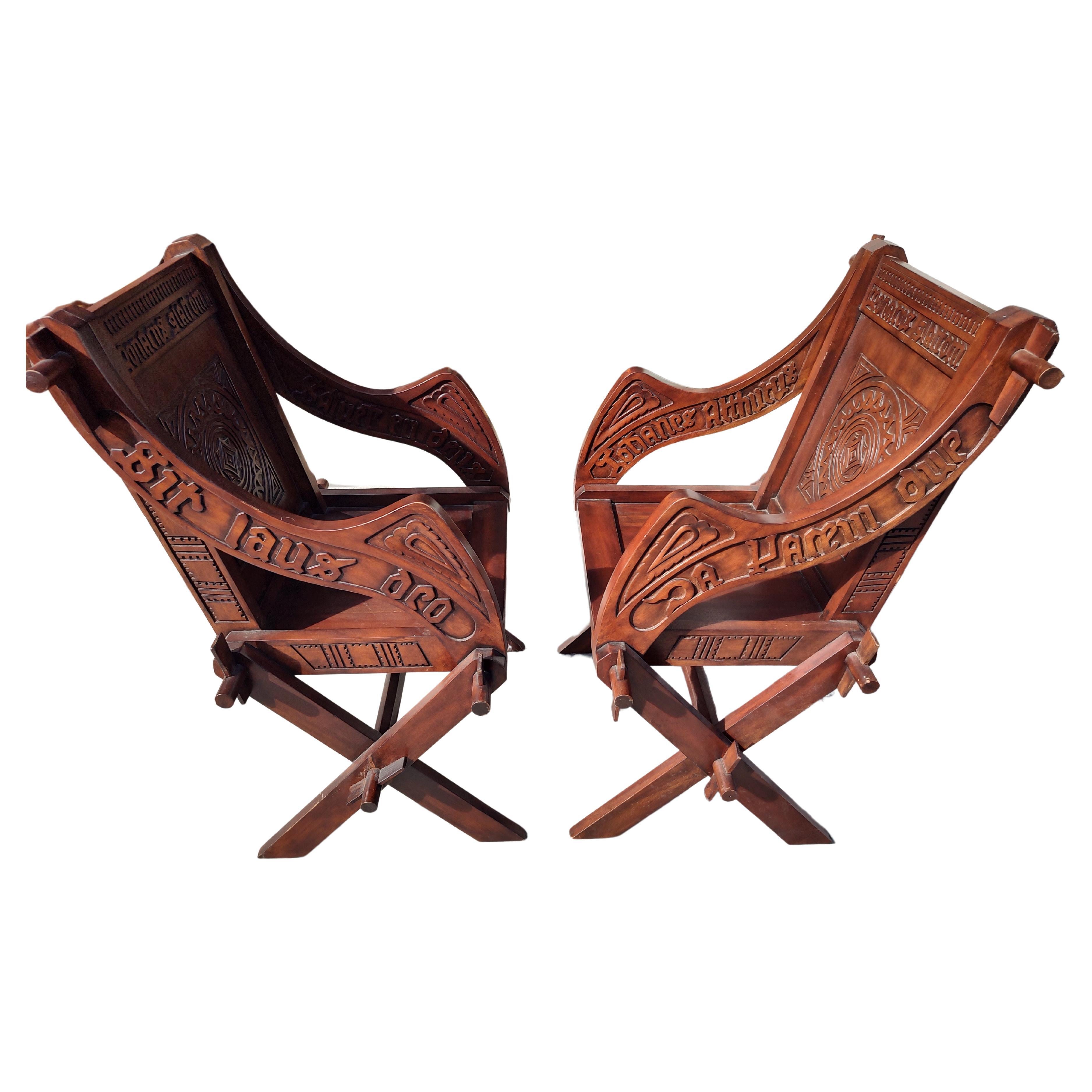 Pair of Arts & Crafts Mahogany Highly Carved Glastonbury Chairs For Sale