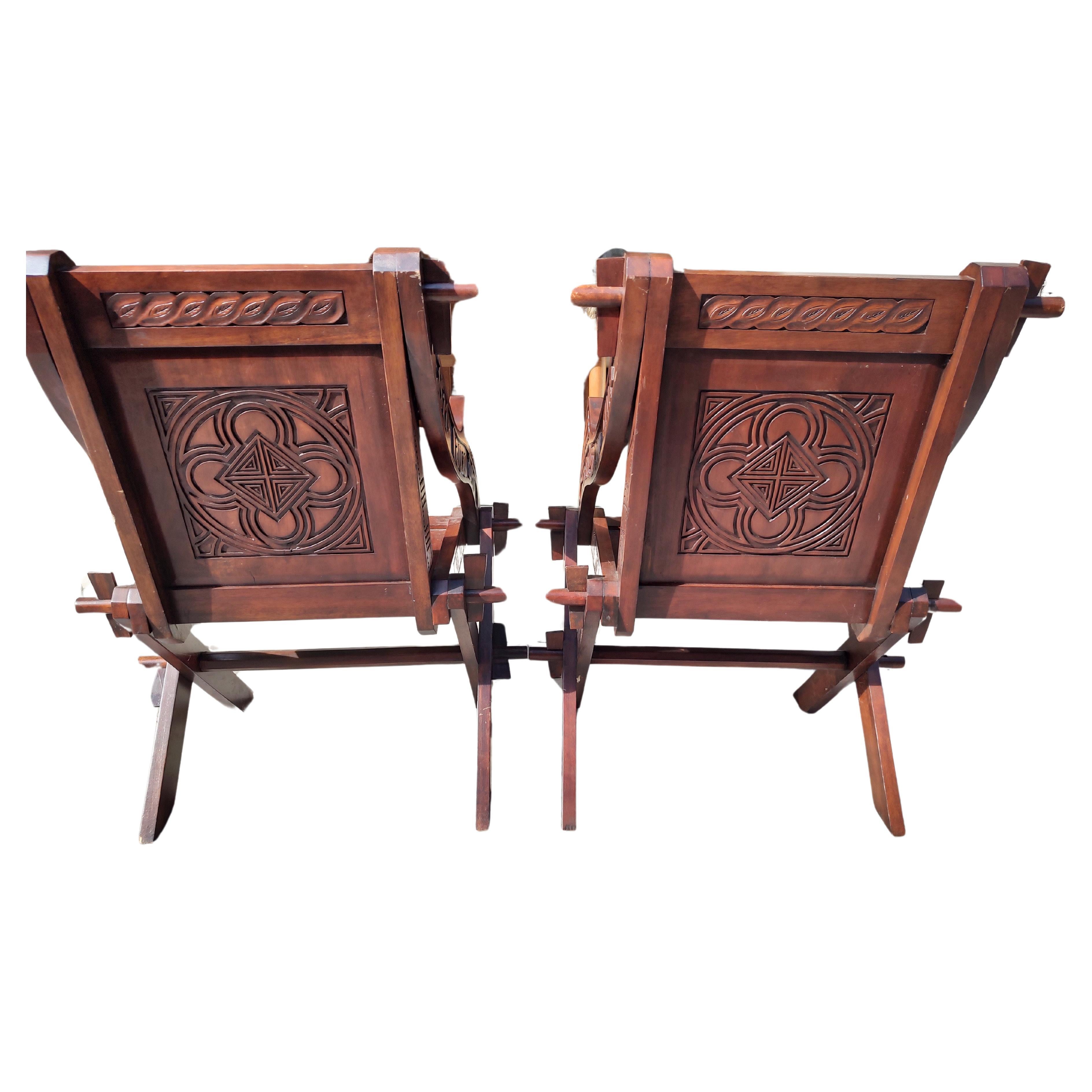 Pair of Arts & Crafts Mahogany Highly Carved Glastonbury Chairs For Sale 1