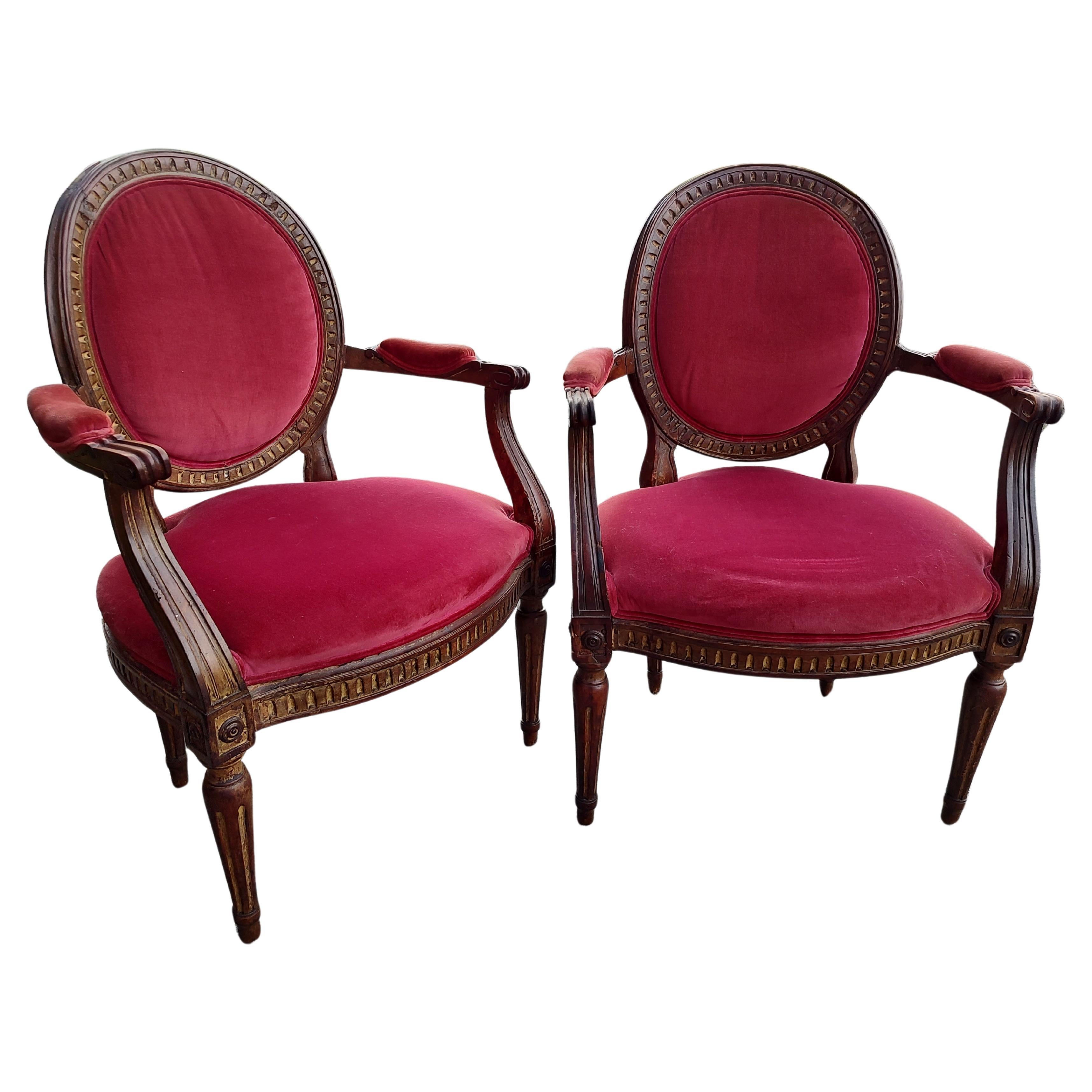 Hand-Carved Pair of 19th Century French Fauteuils Armchairs with Carved Gilt Wood