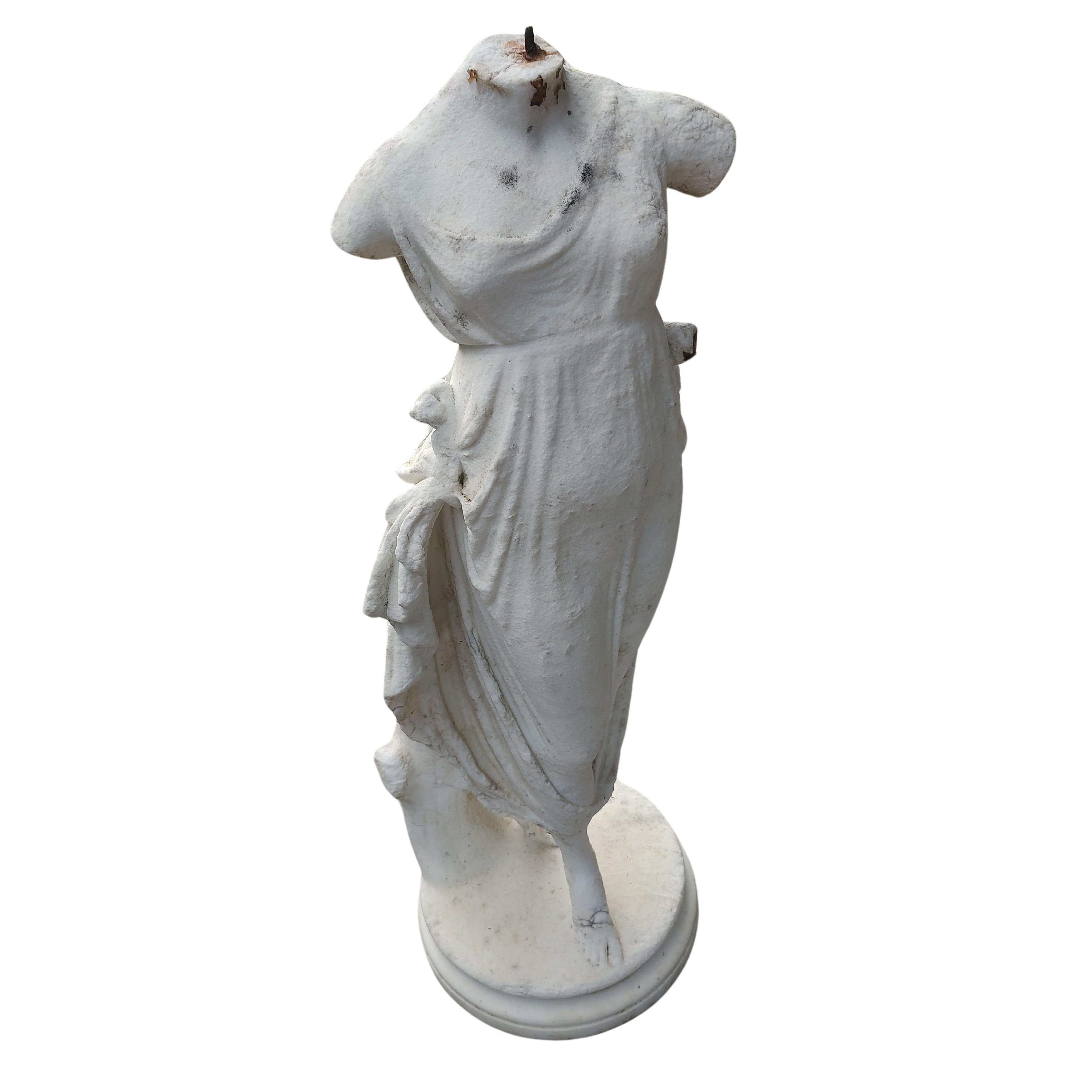 Fabulous clothed torso of a fair maiden from the victorian era
 Two pieces, has a plinth base which is separate from the figure. Well worn as it has lived it's life in a garden. Structurally sound.
