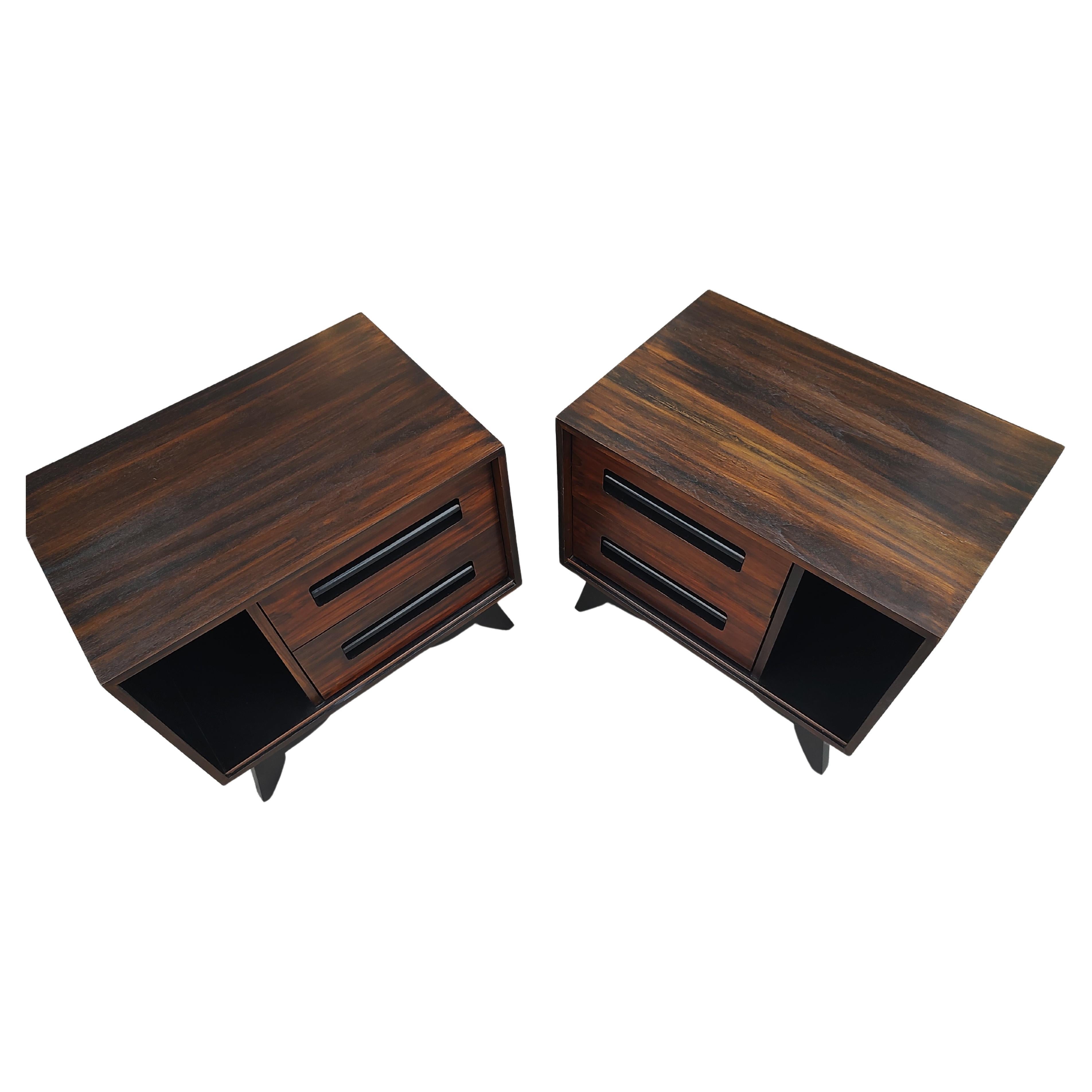 Lacquered Pair of Mid-Century Modern Danish Rosewood & Black Lacquer Nightstands C1970 For Sale
