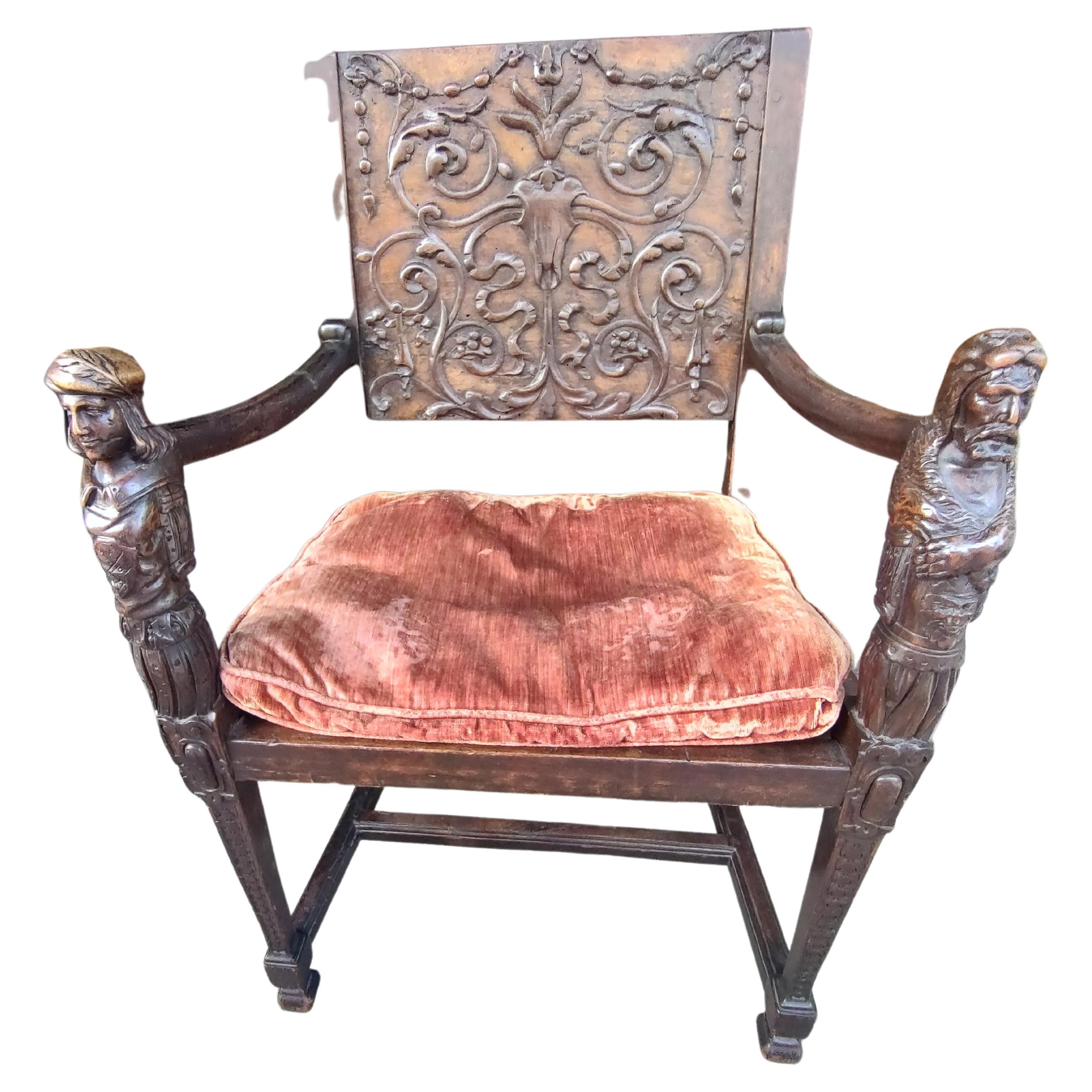 Early 18th Century Hand Carved with Figures Italian Renaissance Armchair For Sale