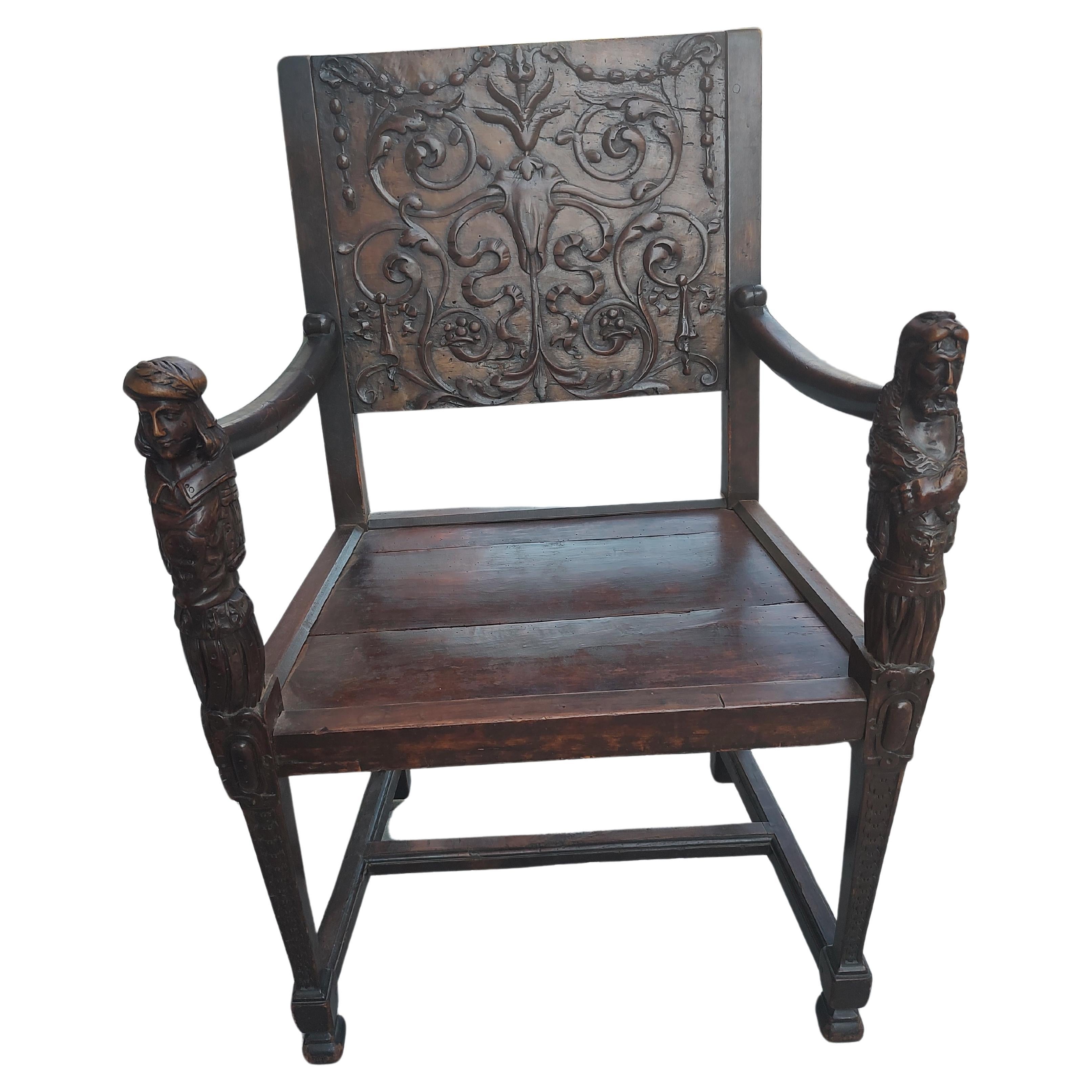 Early 18th Century Hand Carved with Figures Italian Renaissance Armchair For Sale 3