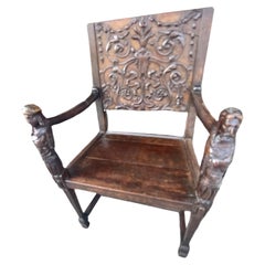 Antique Early 18th Century Hand Carved with Figures Italian Renaissance Armchair