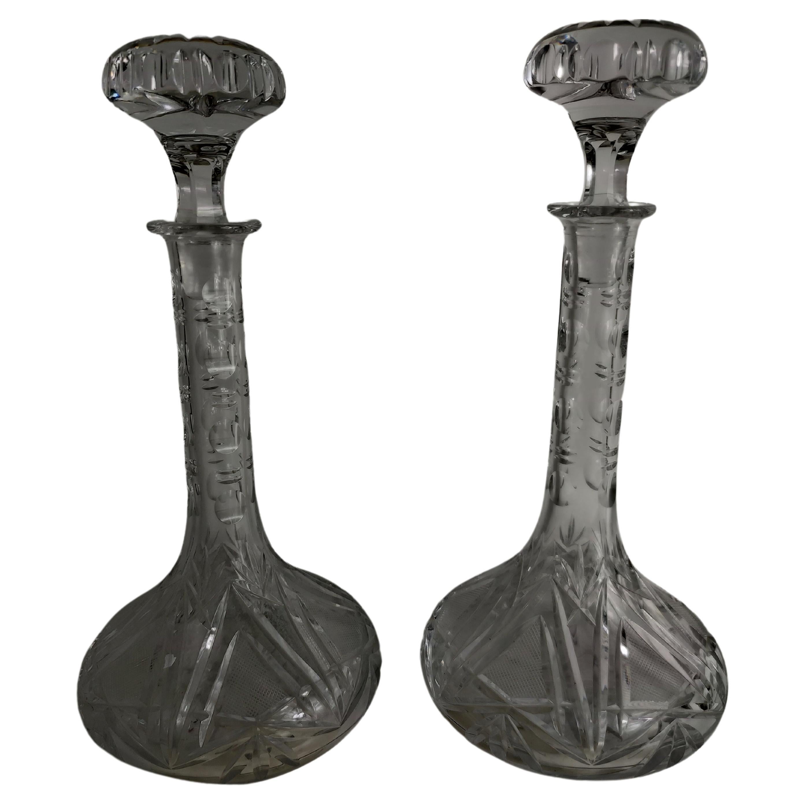 Pair of Brilliant Heavily Cut Glass Sculptural Decanters with Stoppers For Sale