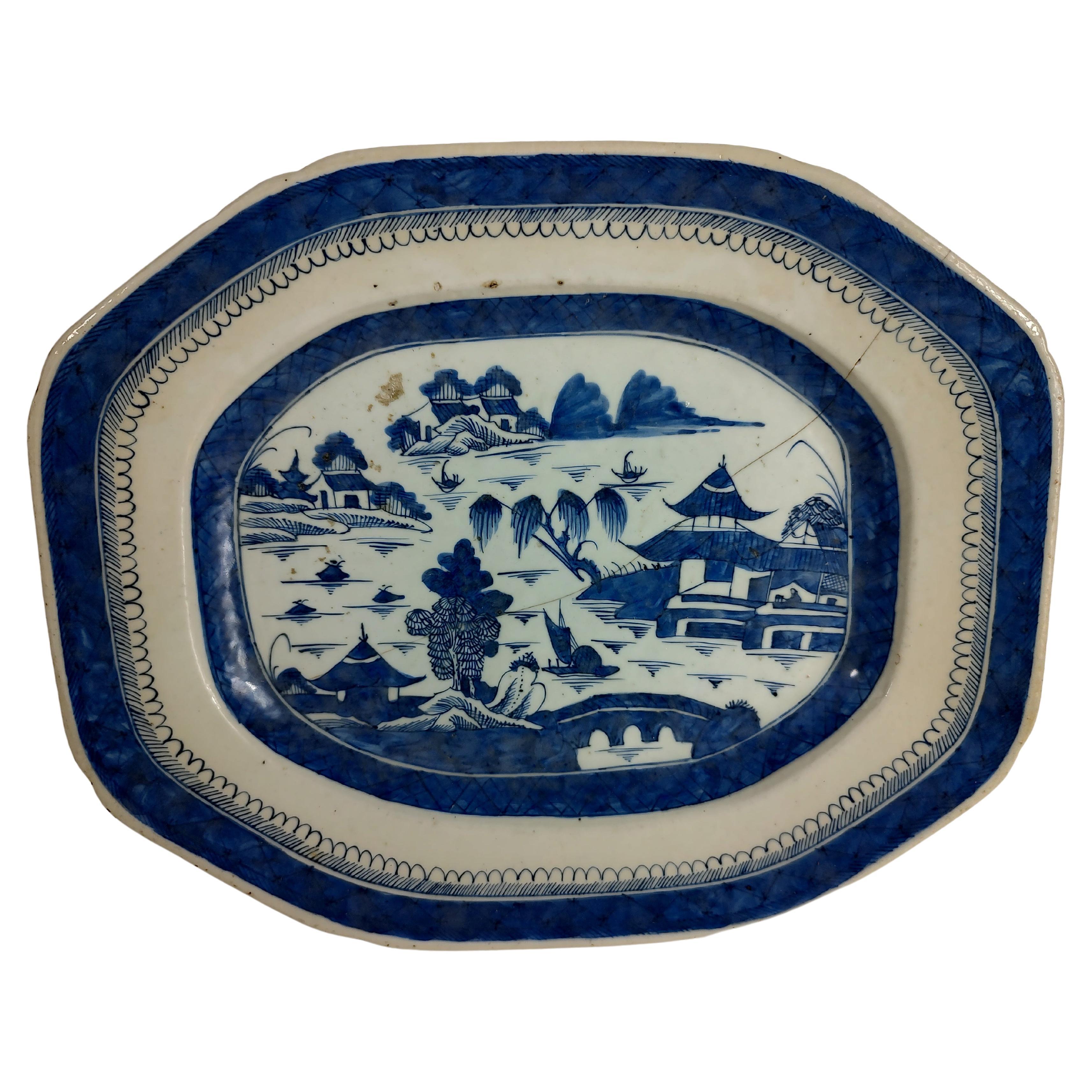 19thC Cantonese Blue & White Serving Platter Canton Ware For Sale