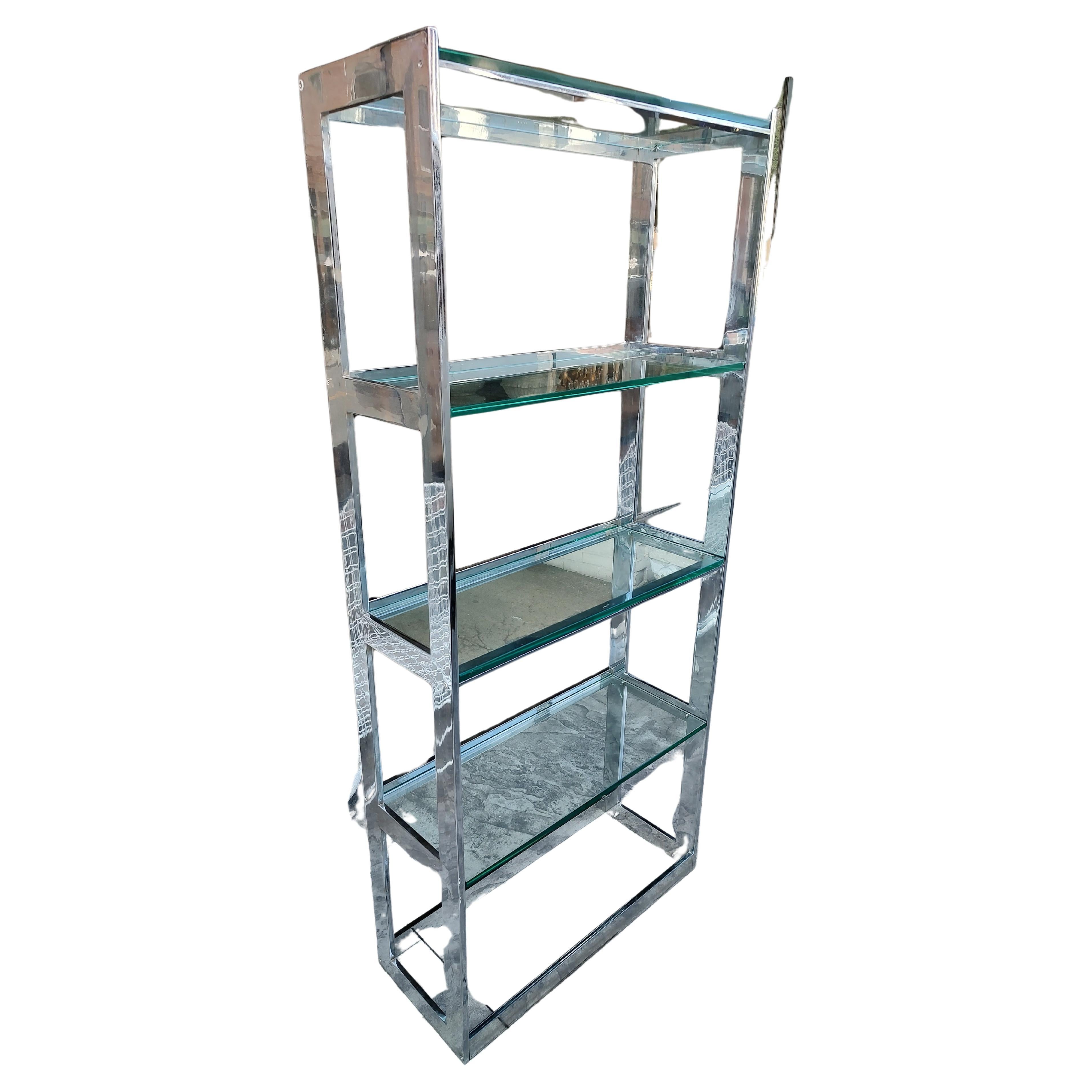 Plated Pair of Mid-Century Modern Brutalist Etageres Shelving Units Flat Chrome & Glass For Sale