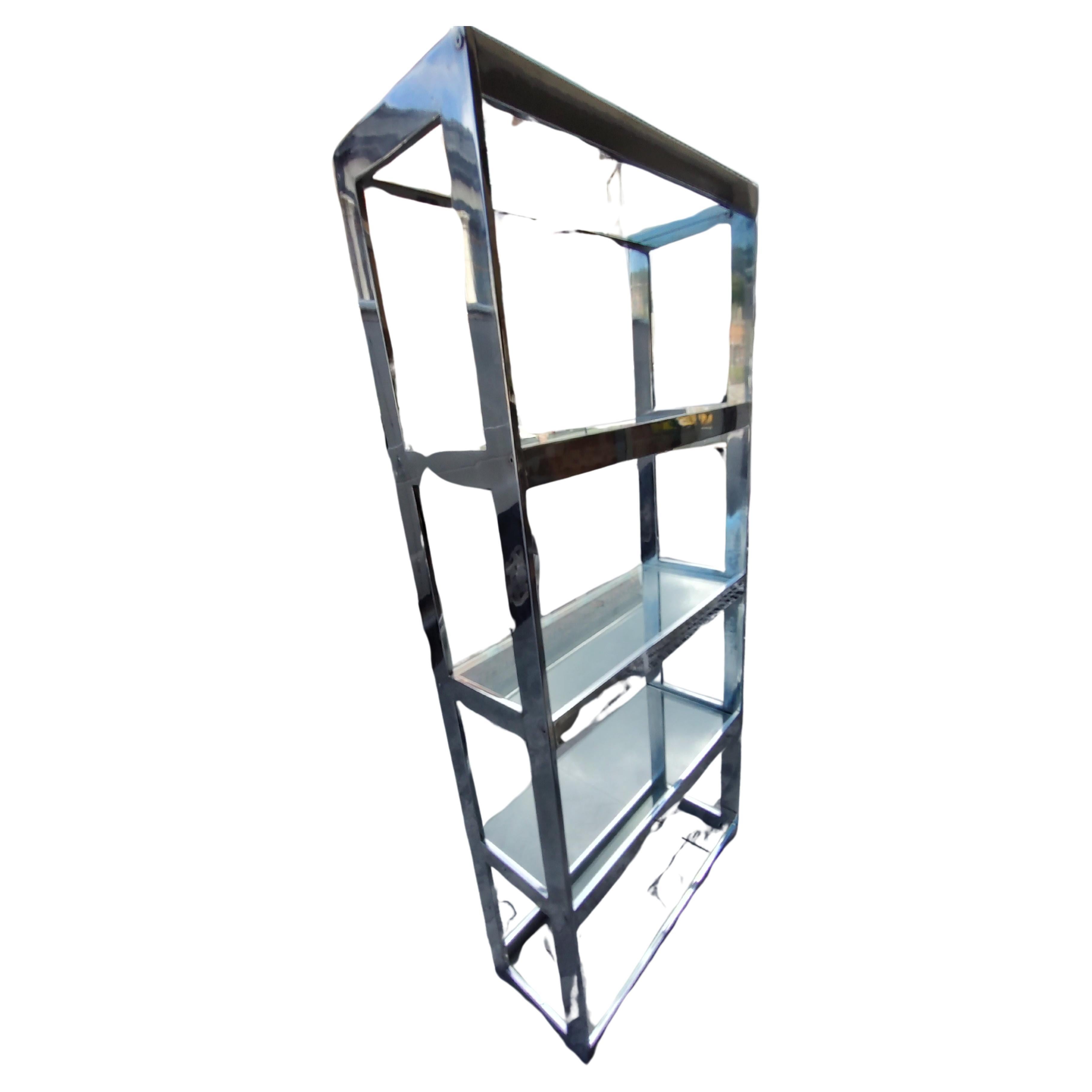 Pair of Mid-Century Modern Brutalist Etageres Shelving Units Flat Chrome & Glass For Sale