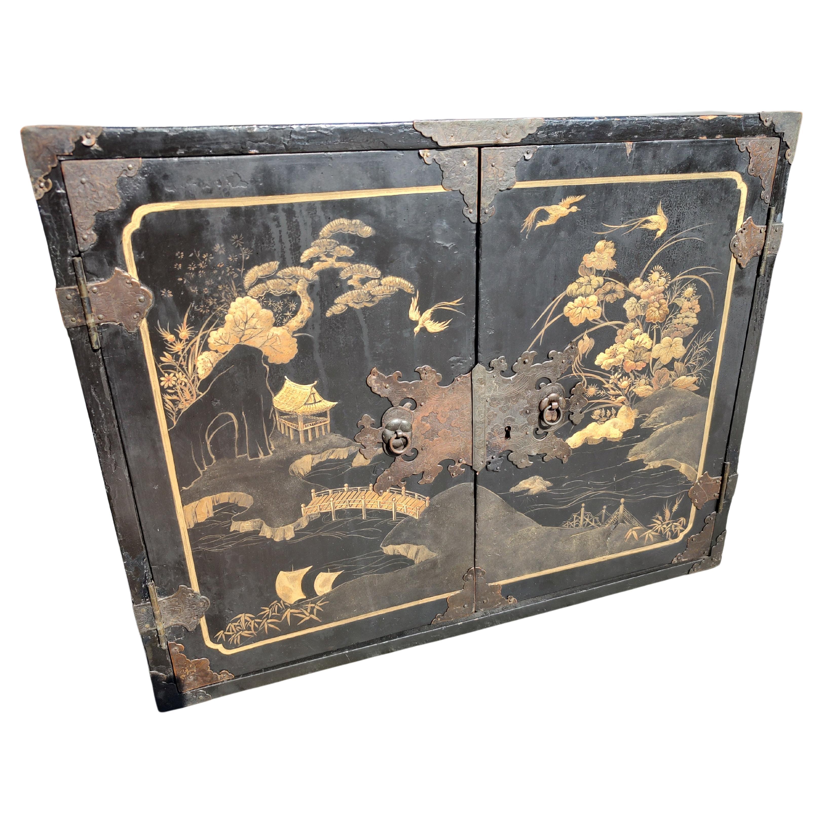 Chinese Chippendale Late 19thc Gilt and Paint Decorated Tansu Cabinet 8 Drawers 2 Doors For Sale