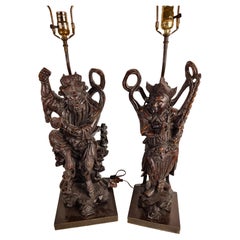 Antique Pair of Fully & Highly Carved Chinese Deity Figural Table Lamps