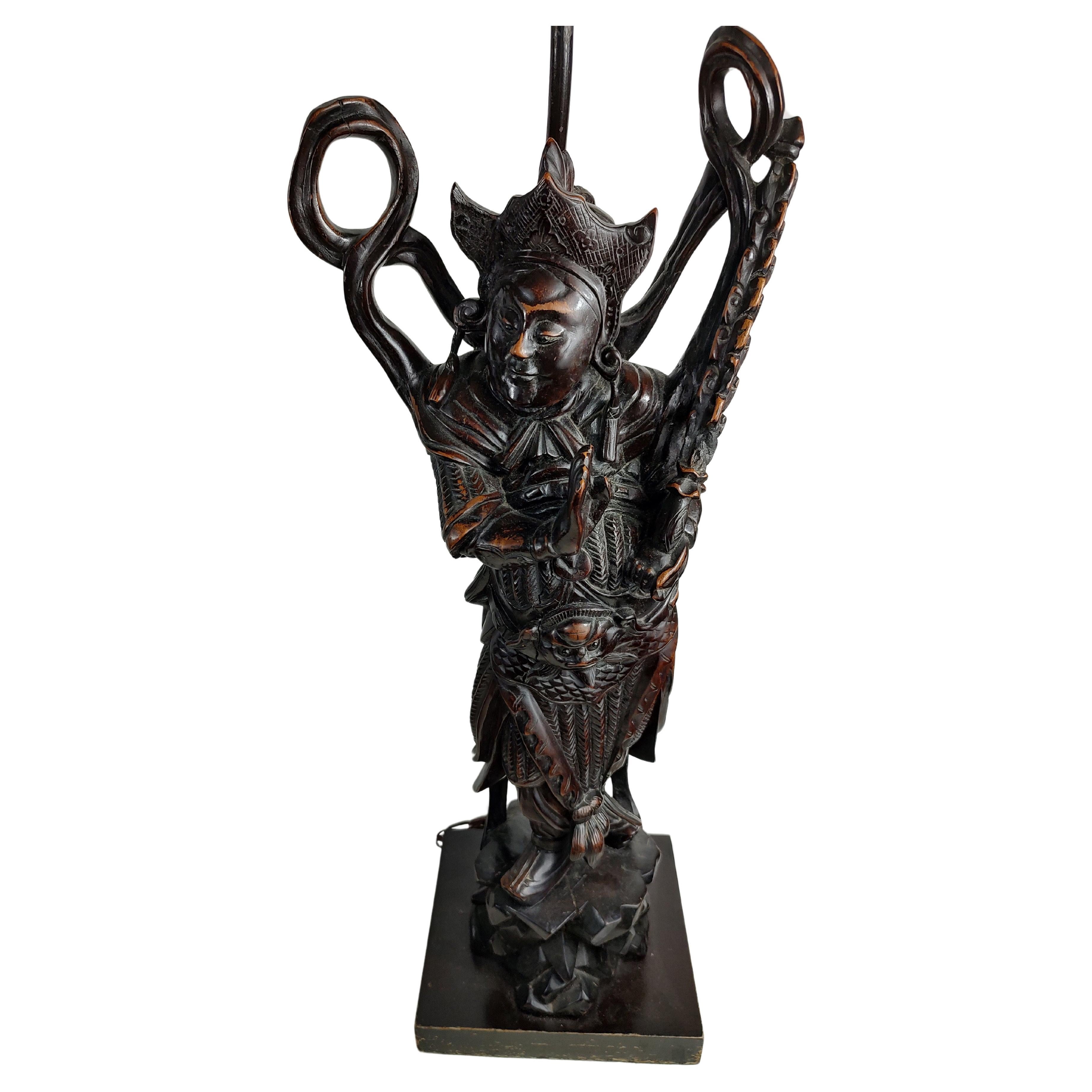 Hand-Carved Pair of Fully & Highly Carved Chinese Deity Figural Table Lamps For Sale