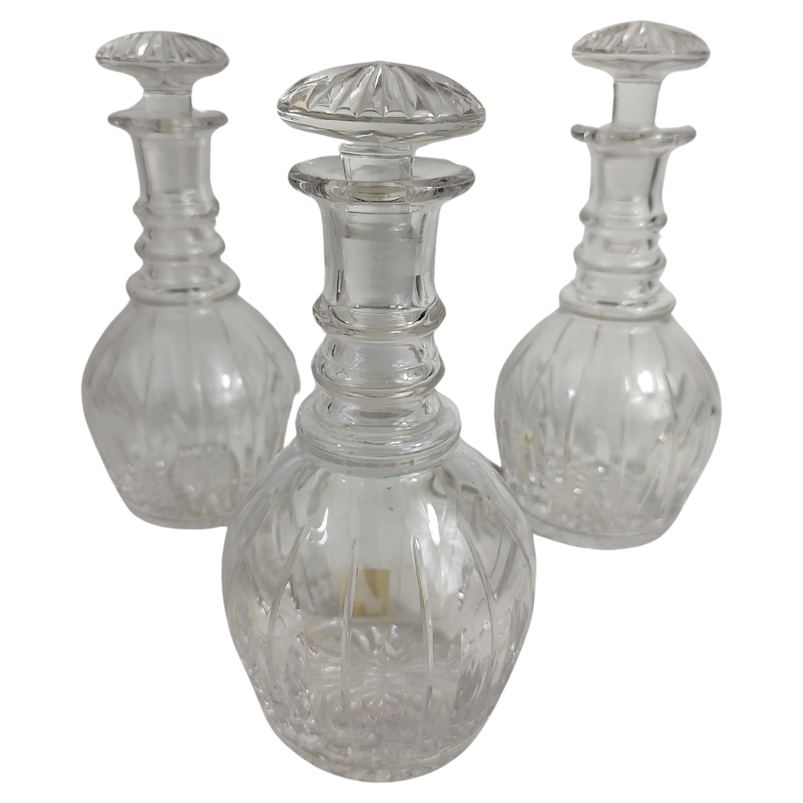 Set of Three Stuart Cut Glass Crystal Decanter Bottles, C1945 For Sale