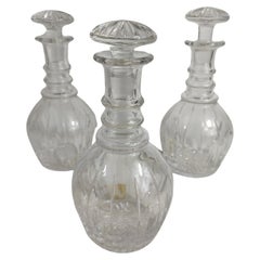 Antique Set of Three Stuart Cut Glass Crystal Decanter Bottles, C1945