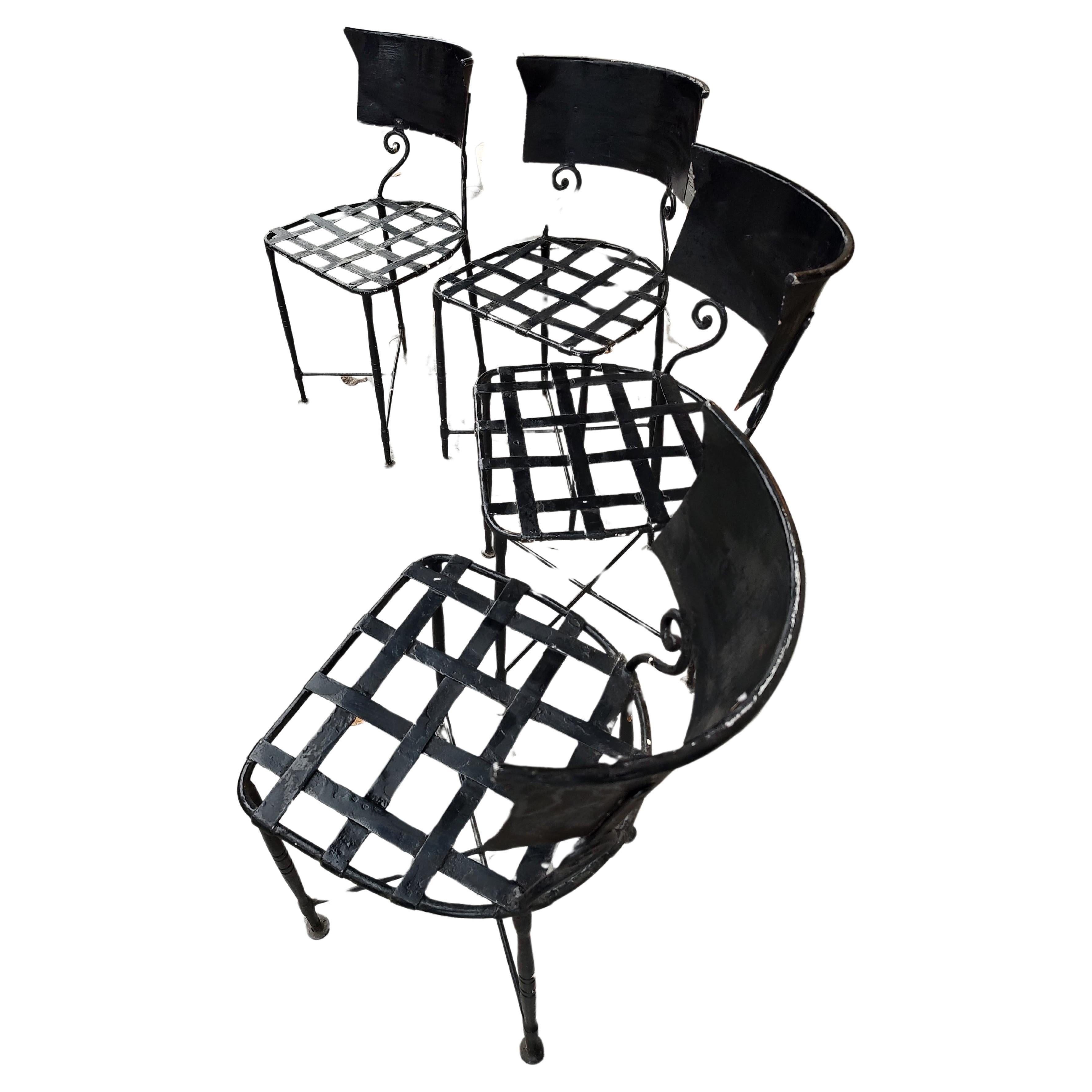Early 20thc Hand Hammered Wrought Iron Set of 4 French Garden Patio Chairs For Sale 3