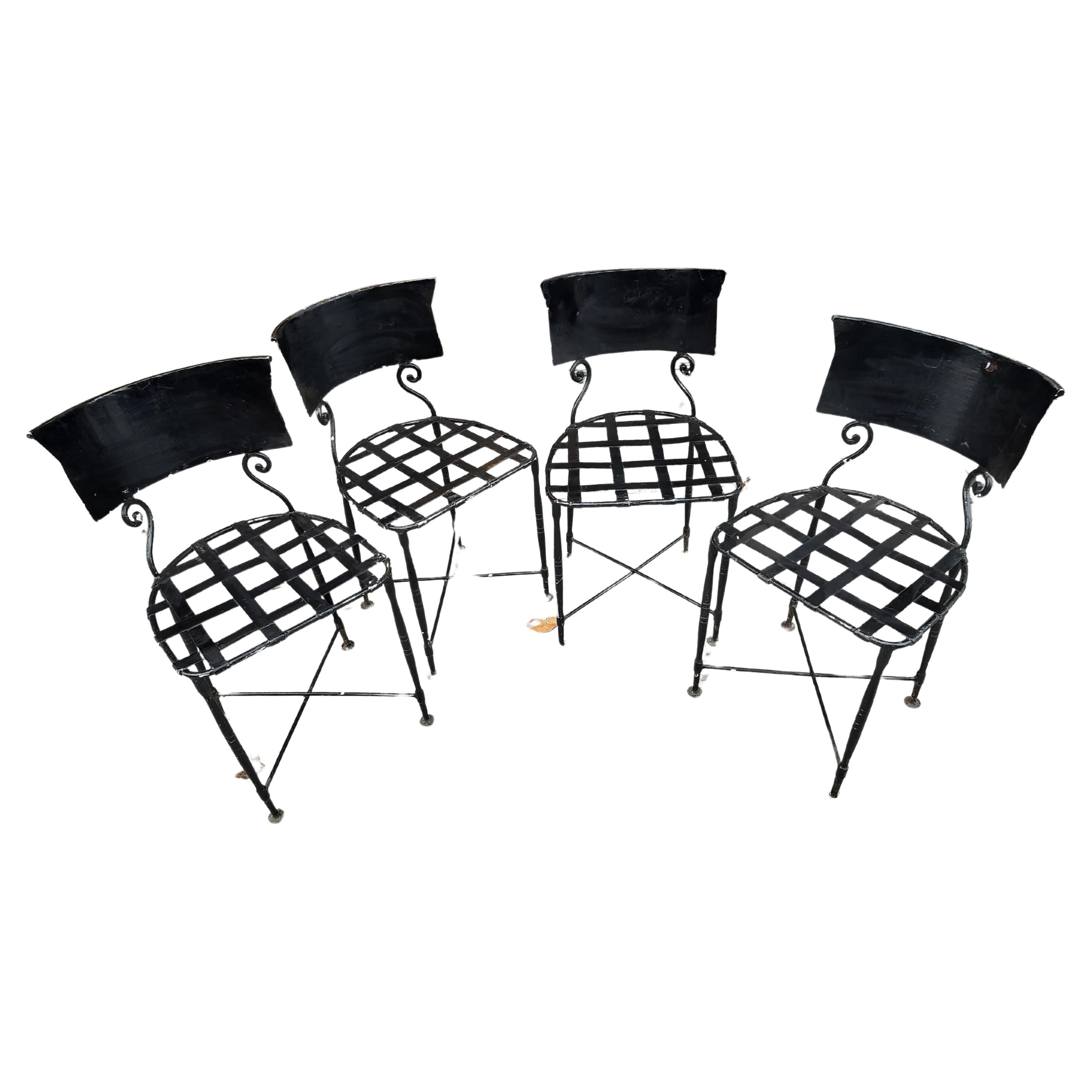 Early 20thc Hand Hammered Wrought Iron Set of 4 French Garden Patio Chairs For Sale