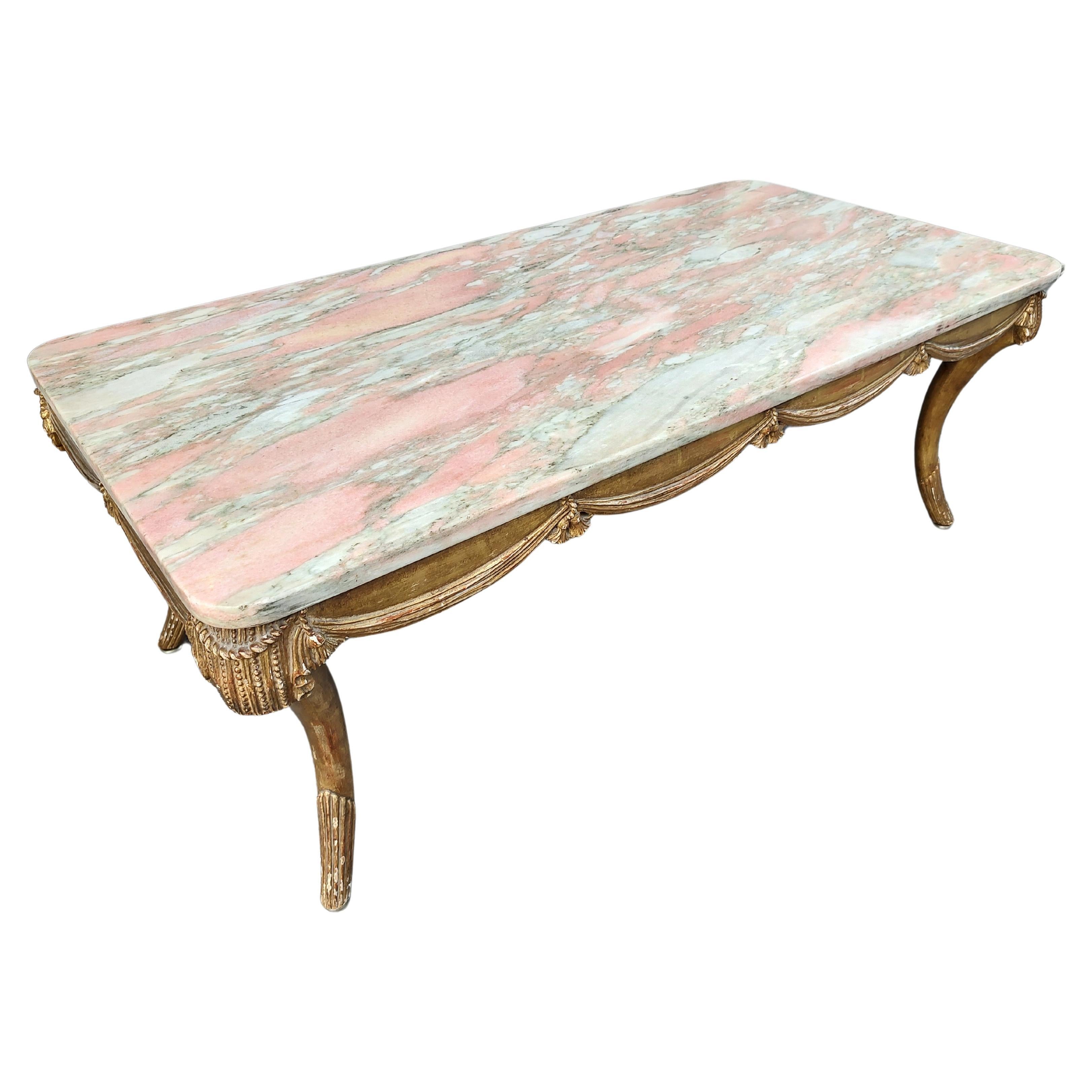 Siena Marble Mid Century Hollywood Regency Gilt Swag & Drape  Marble Top Cocktail Table  For Sale