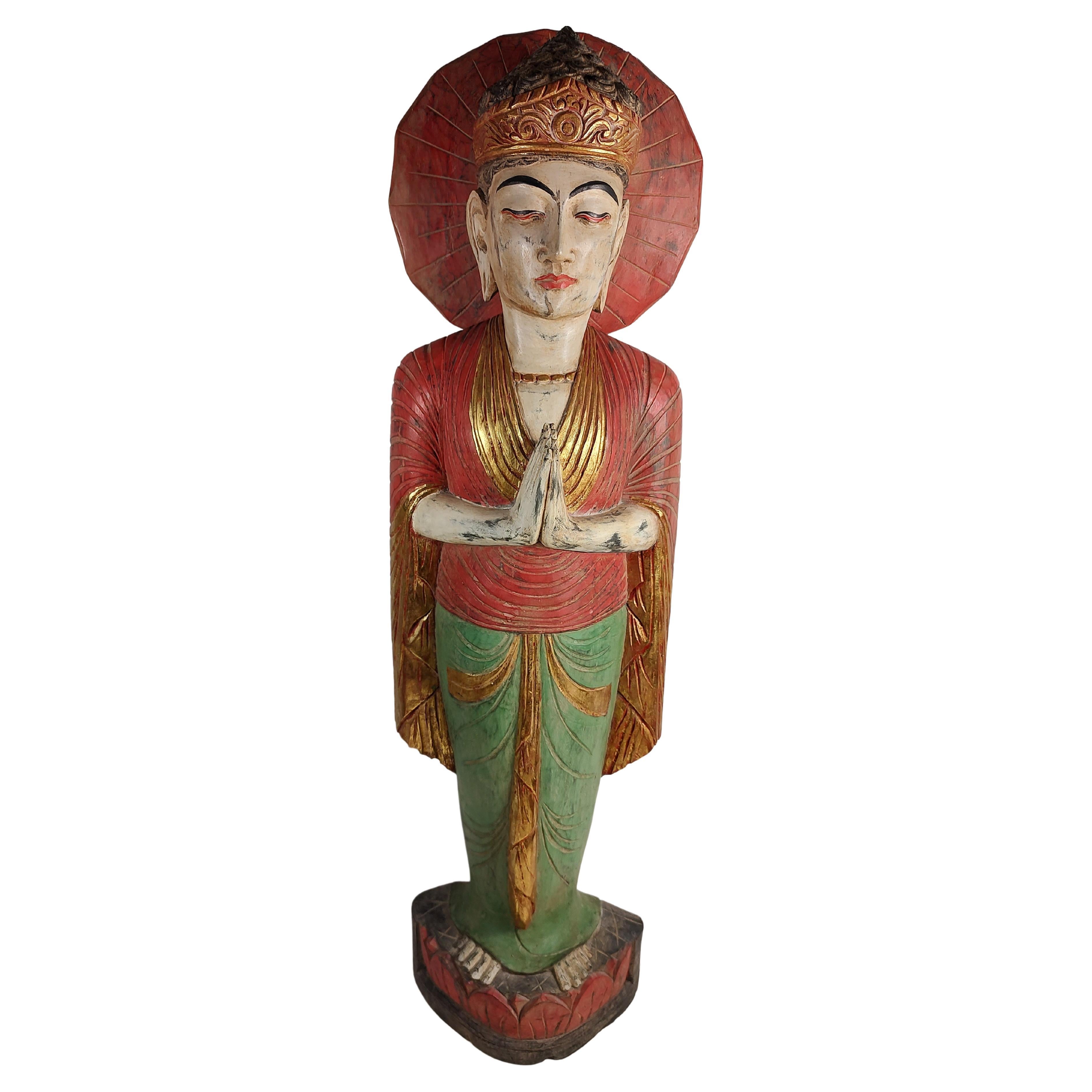 Mid Century Sculptural Hand Carved & Painted Wooden Buddha For Sale