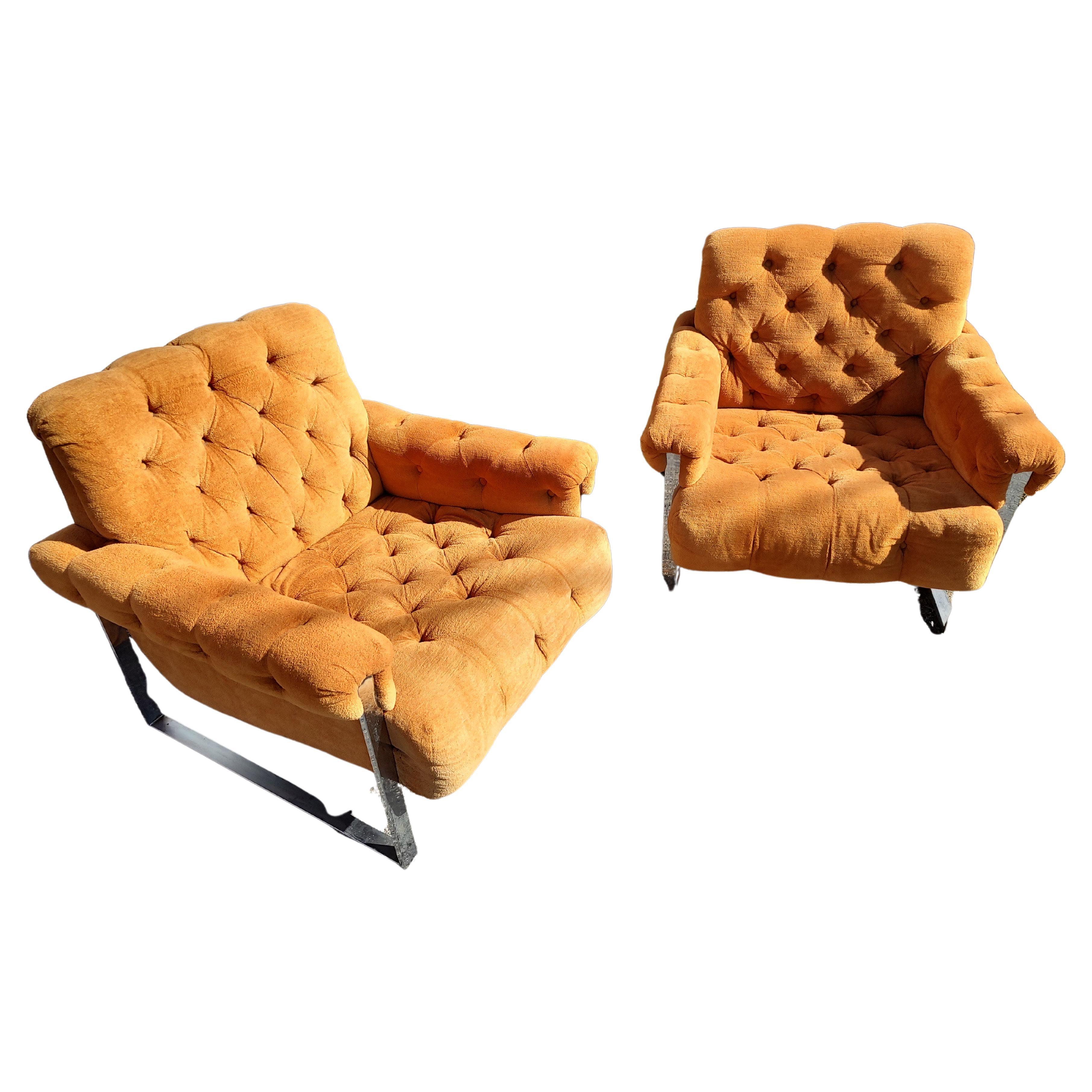 Hand-Crafted Pair of Button Tufted Lounge Chairs in Orange with Chrome Sled Bases For Sale
