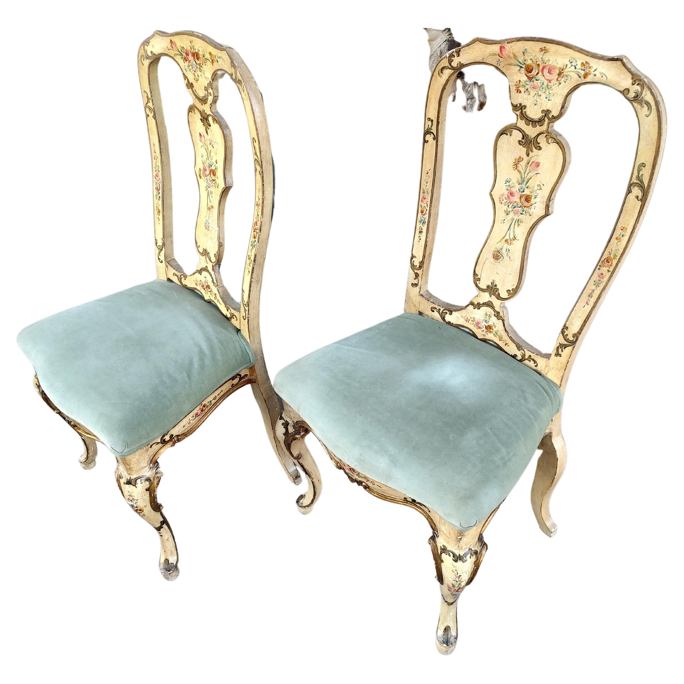 Italian Mid Century Venetian Hand Painted & Hand Carved Side Chairs C1940 For Sale